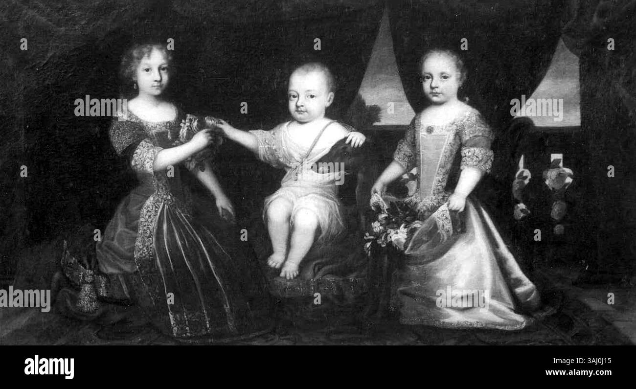 Questo dipinto ad olio del XVII secolo raffigura i tre figli di Vittorio Amedeo II, duca di Savoia e re di Sardegna. L'opera è ospitata nel Palazzo Madama di Torino e mostra i nobili figli in un abbigliamento raffinato e dettagliato, tipico dell'aristocrazia dell'epoca. Foto Stock