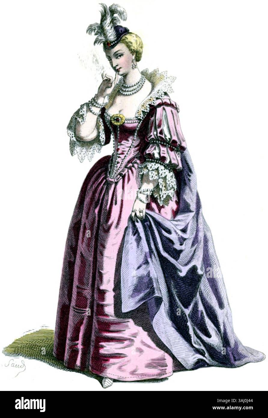 Una scena del primo atto, scena 4 di "Les Amants magnifiques", ambientata a Parigi nel 1868. In questo momento, il personaggio Eriphile esprime il desiderio di una proposta di matrimonio, sottolineando la tensione comica tra i personaggi. Foto Stock