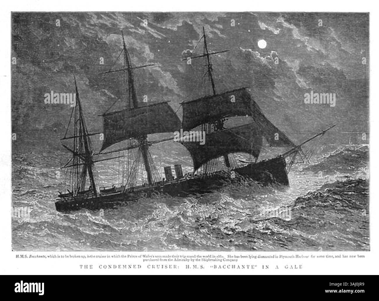 Questa incisione in legno del Graphic del 1897 illustra l'incrociatore condannato HMS "Bacchante" che combatte attraverso una burrasca. La scena ritrae vividamente la lotta della nave in condizioni difficili. Foto Stock
