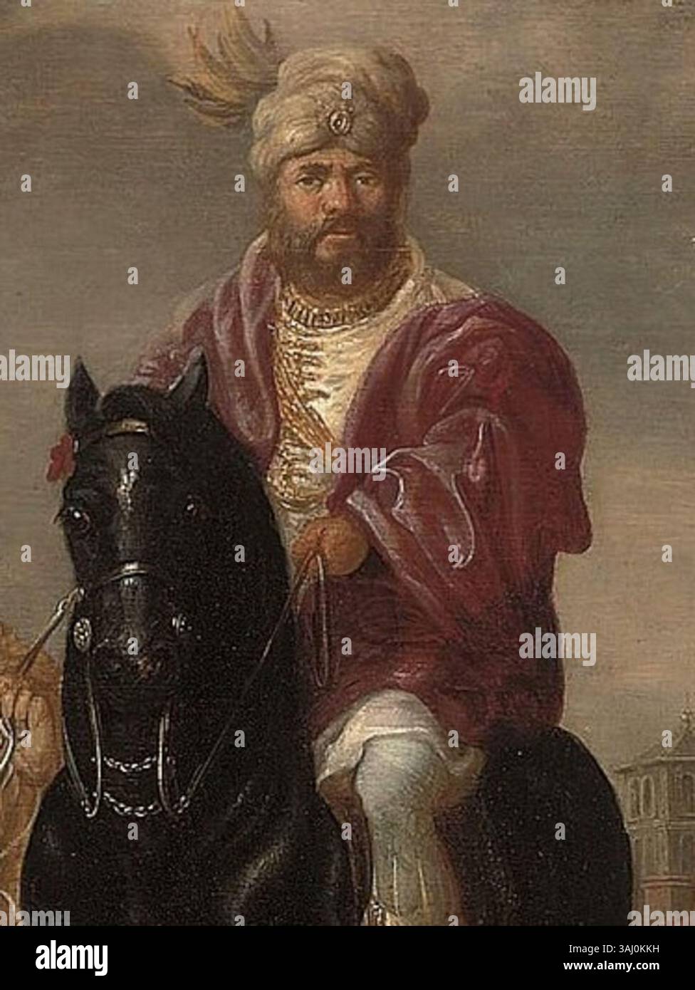 Questo dipinto ad olio, attribuito ad Abraham van den Hecken il giovane, raffigura la scena biblica il Trionfo di Mordecai tra il 1635 e il 1655. L'opera evidenzia la drammatica vittoria di Mordecai, una figura importante nel Libro di Ester. Foto Stock