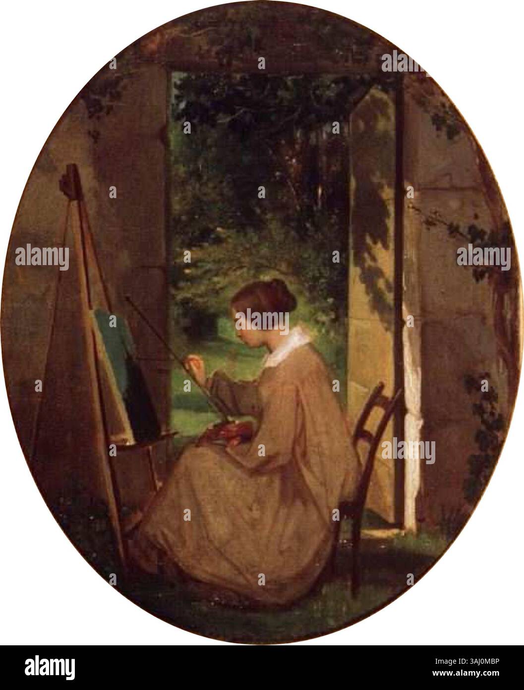 Ritratto di Adèle Gamel, 1840 circa, di Henri Blanc-Fontaine. Questo olio su tela raffigura Adèle Gamel, un artista francese di Saint-Martin-d'Hères, vissuto tra il 1819 e il 1889. Il dipinto non marcato la mette in risalto nell'atto della pittura, catturando un momento storico nell'arte francese. Foto Stock