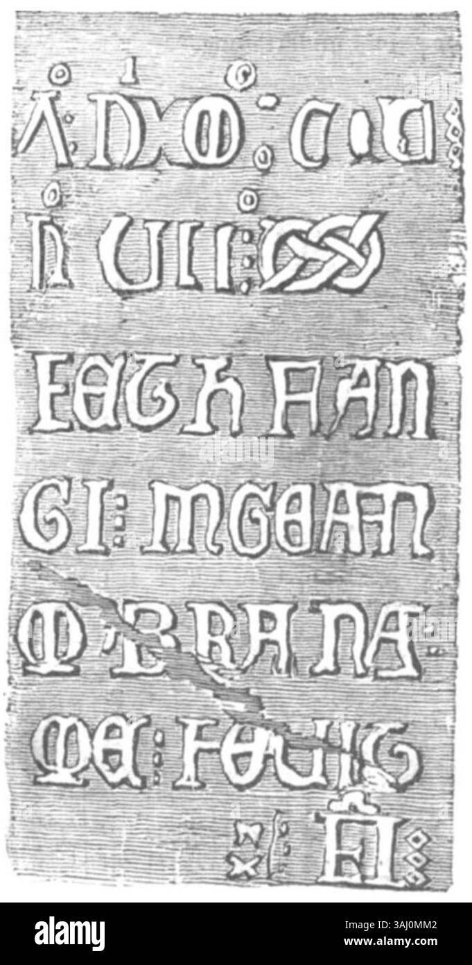 La "curiosa iscrizione", pubblicata nel Dublin Penny Journal nel 1835, presenta un'insolita incisione storica. L'articolo esplora il suo significato e i misteri che circondano la sua origine, offrendo approfondimenti sulle iscrizioni del XIX secolo in Irlanda. Foto Stock