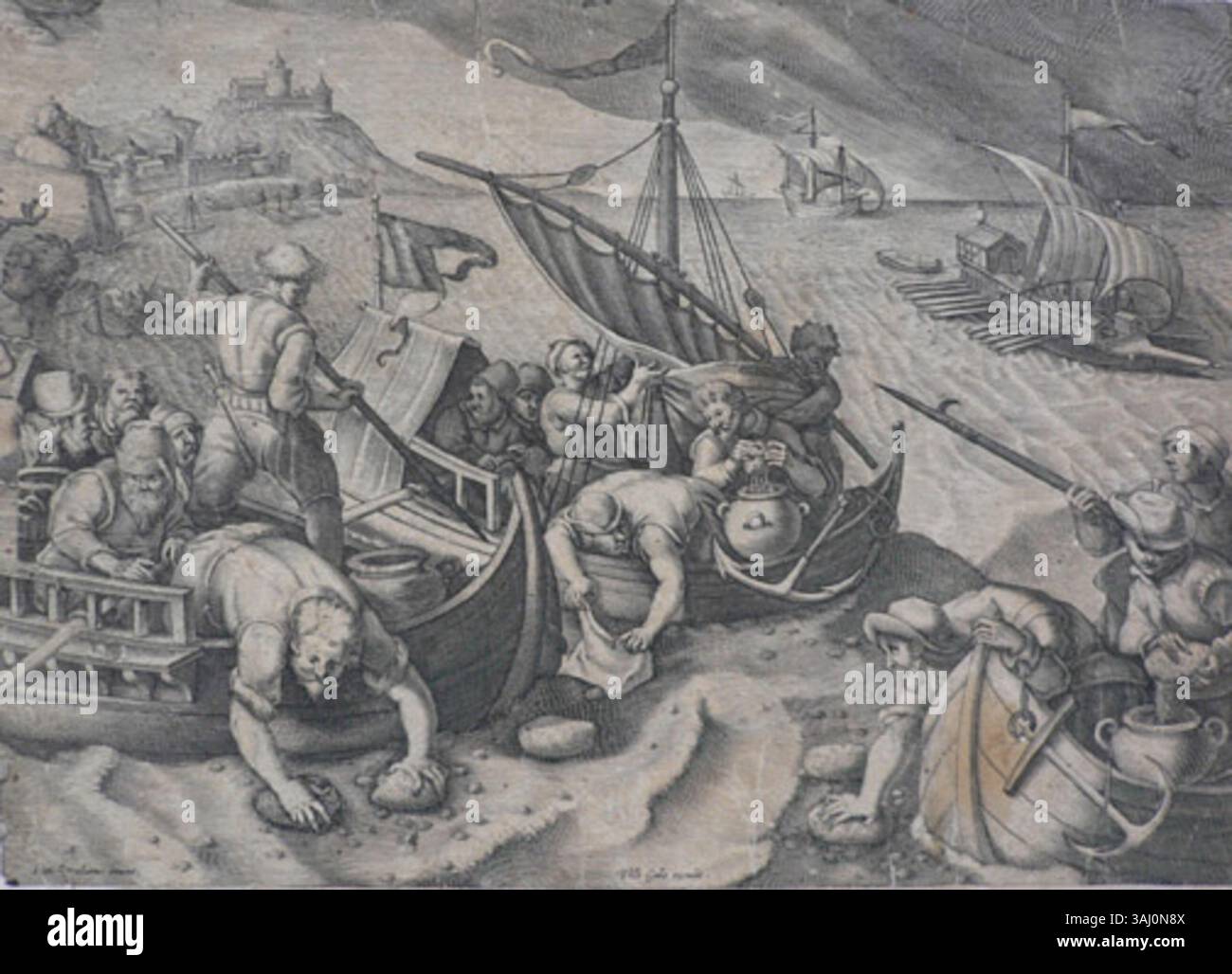 Un'impronta di Philip Galle, raffigurante persone che raccolgono spugne durante la bassa marea. Questa scena cattura l'interazione tra l'uomo e la natura in un ambiente costiero, sottolineando il lavoro e l'intraprendenza del tempo. Foto Stock