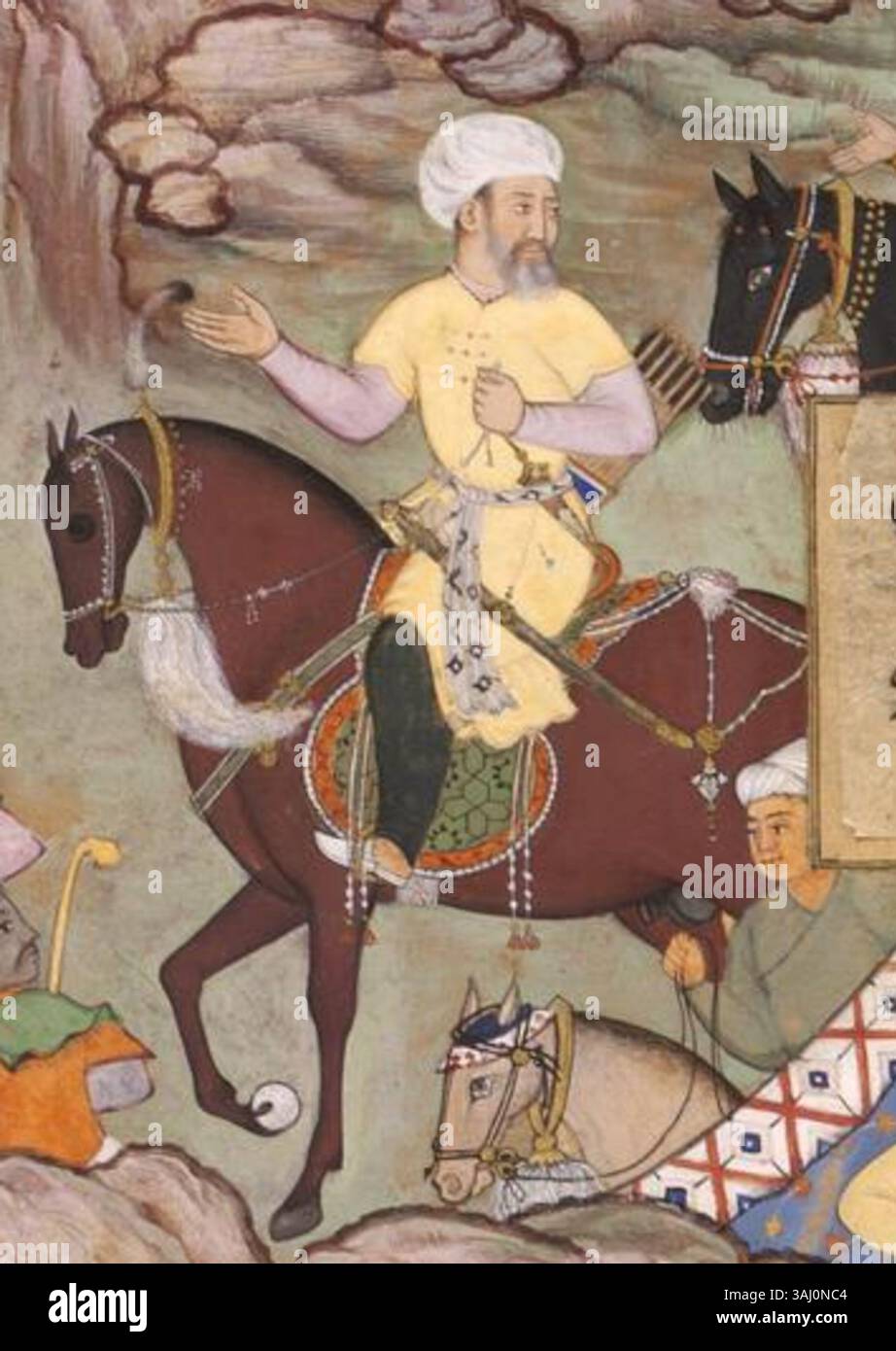 Questa opera del 1590 raffigura la ritirata di Mirza Sulayman da Kabul dopo aver terminato l'assedio nel 1564-1565 e la fuga a Badakhshan, mostrando le lotte per il controllo nella regione durante il periodo. Foto Stock
