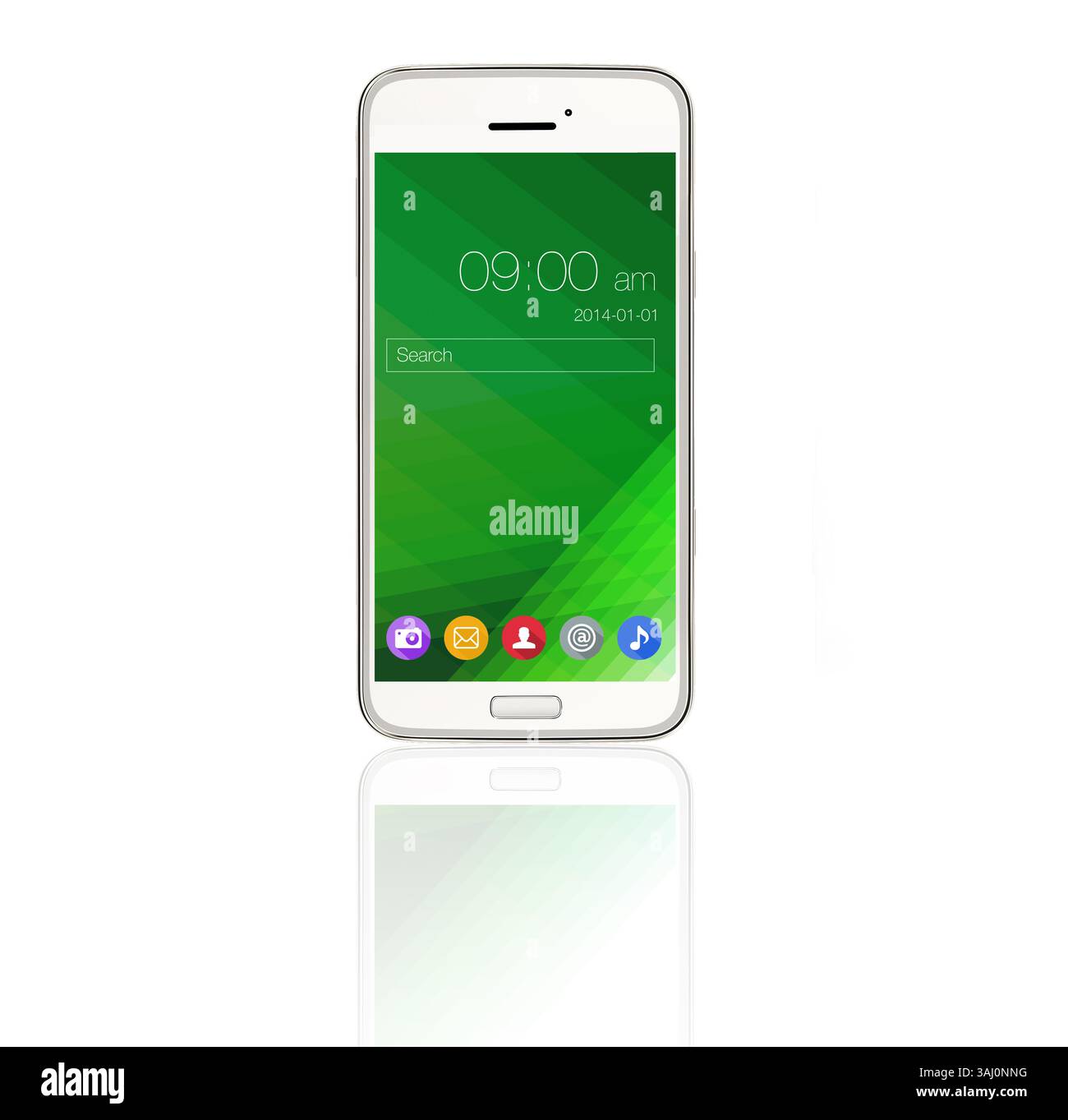 Schermo, tecnologia e interfaccia utente dello smartphone sul cellulare in studio isolato su sfondo bianco. Telefono, cellulare e display di elettronica, software o. Foto Stock