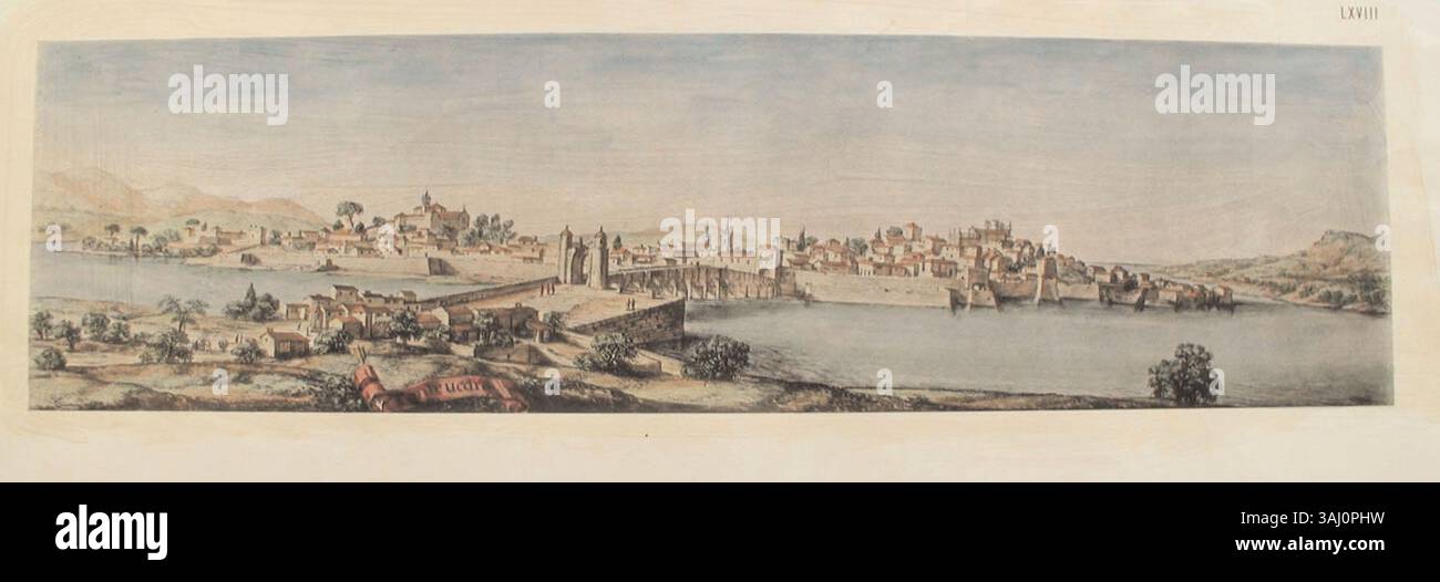 Il disegno del 1669 di Pontevedra di Pier Maria Baldi raffigura il paesaggio storico e gli elementi architettonici della città. La tecnica artistica di Baldi fornisce un'istantanea della Galizia del XVII secolo, mettendo in mostra sia le caratteristiche urbane che naturali della zona. Foto Stock