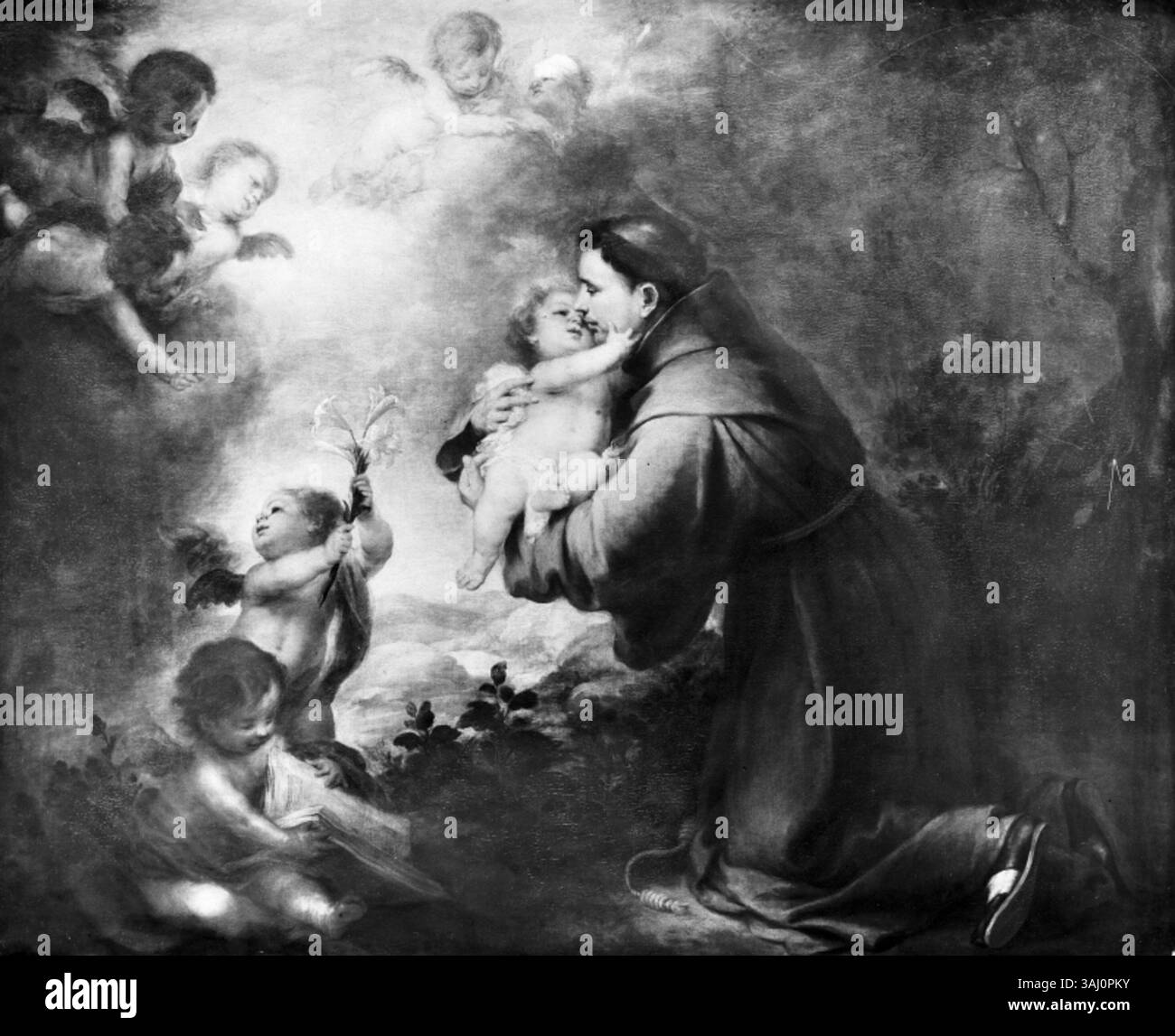 *San Antonio de Padova con el Niño Jesús* (ca. 1670-1680) di Bartolomé Esteban Murillo è un dipinto religioso raffigurante Sant'Antonio da Padova con il bambino. L'opera, distrutta in un incendio a Berlino nel 1945, è un esempio dell'uso caratteristico di Murillo di tavolozze di colori tenui e della devozione ai temi religiosi. Foto Stock