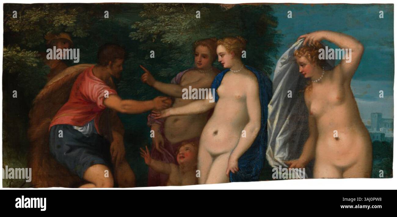 "Il giudizio di Parigi" di Hans Rottenhammer, dipinto tra il 1564 e il 1625, raffigura la scena mitica in cui Parigi sceglie la dea più fedele. L'olio su tavola, ospitato presso il Nationalmuseum, cattura i temi mitologici e allegorici dell'antica Grecia. Foto Stock