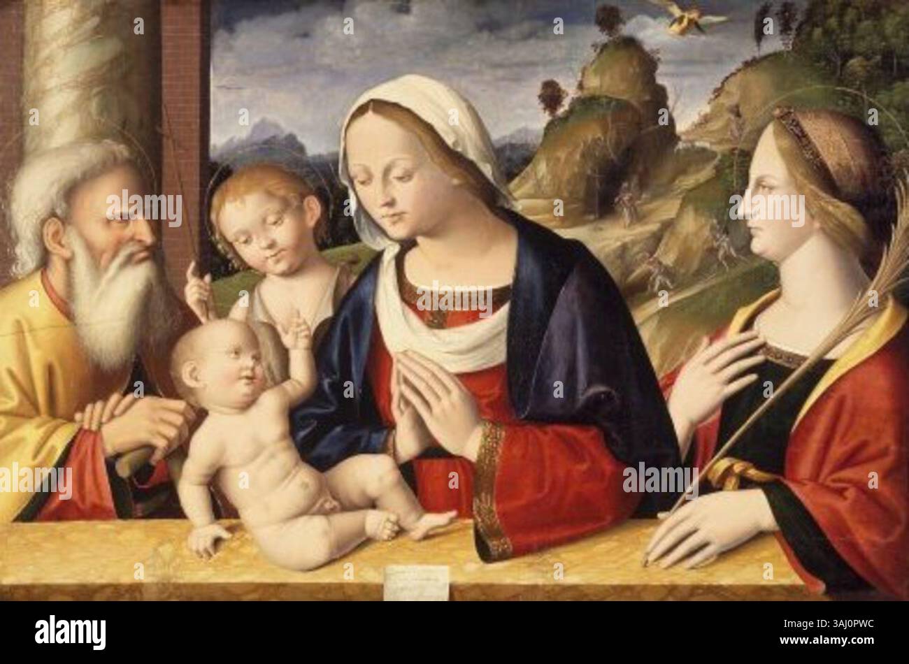 Il dipinto di Marco Palmezzano del 1521, "Sacra famiglia con i Santi Giovanni Battista e Caterina d'Alessandria", combina tempera e olio su legno di pioppo. Ritrae una scena religiosa con la Sacra famiglia e due santi, che riflette le tecniche artistiche rinascimentali. Foto Stock