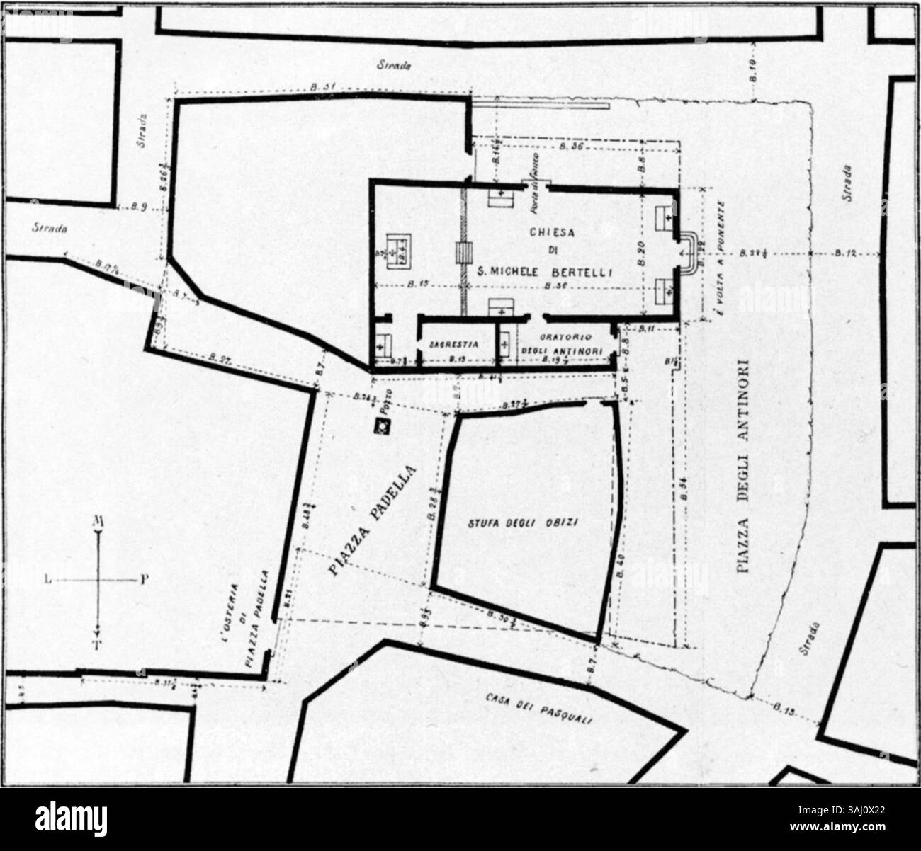 La mappa del 1886 del Badia della zona circostante la Chiesa di San Michele Beteldi (San Gaetano) offre una panoramica dettagliata del paesaggio religioso e urbano dell'epoca. L'opera cattura la topografia e la disposizione dello spazio, contribuendo alla nostra comprensione dello sviluppo della città alla fine del XIX secolo. Foto Stock