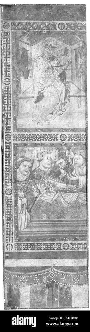 Questo dipinto del 1325 intitolato "Dio il padre in trono, morte di un santo vescovo" raffigura una scena religiosa con temi teologici, ospitato nel Fogg Museum, Harvard Art Museums. Foto Stock