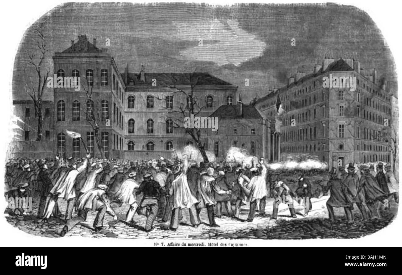 La "fusillade du Boulevard des Capucines" cattura un momento storico dal 23 febbraio 1848, raffigurante un violento scontro durante la Rivoluzione di febbraio a Parigi. Foto Stock La "fusillade du Boulevard des Capucines" cattura un momento storico dal 23 febbraio 1848, raffigurante un violento scontro durante la Rivoluzione di febbraio a Parigi. Foto Stock