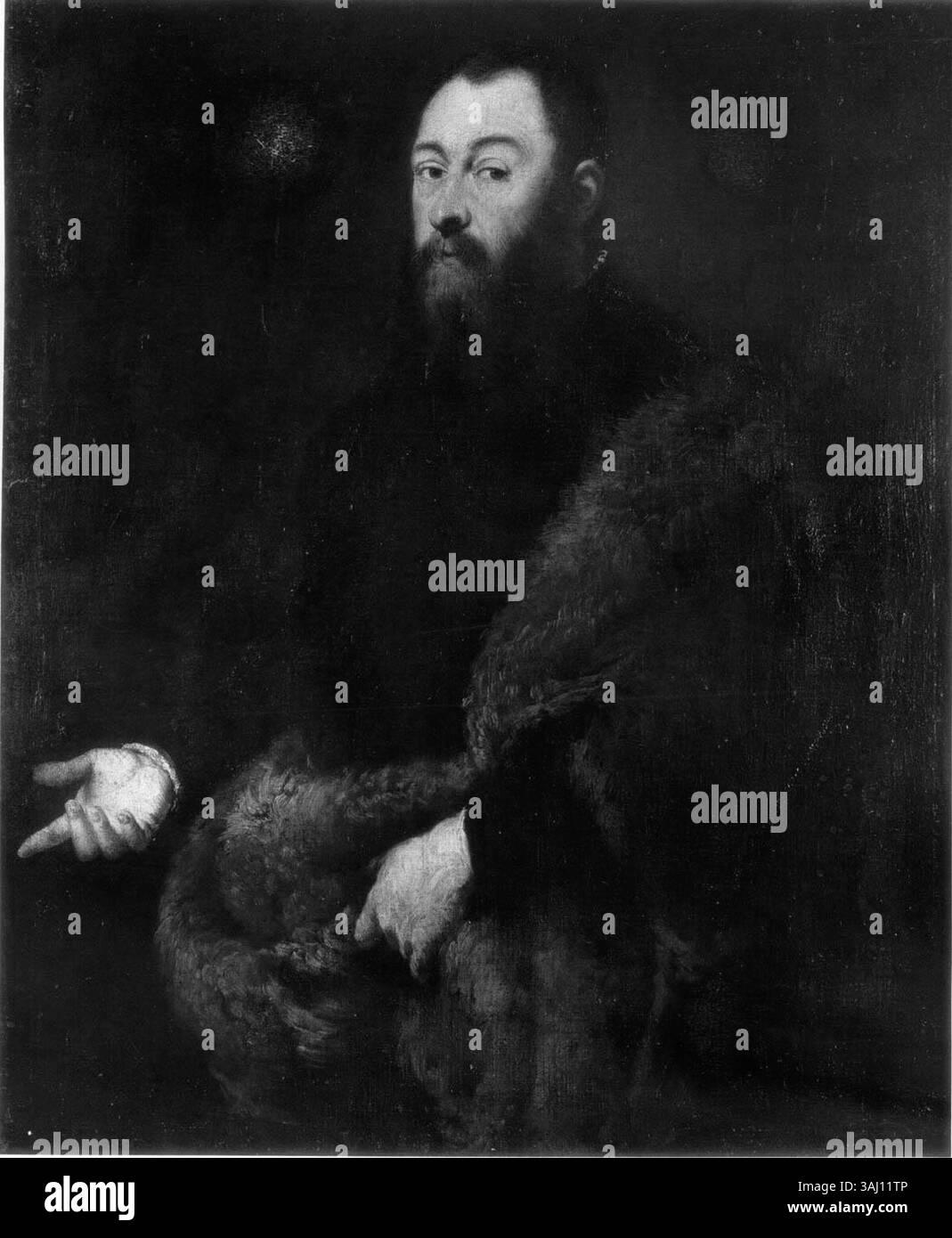 Ritratto di Sigismondo II Augusto, dipinto da Jacopo Tintoretto tra il 1553 e il 1555. Il dipinto a olio su tela ritrae il re polacco in pellicce lussuose, riflettendo il ruolo significativo della Polonia nel commercio di pellicce durante il periodo. Foto Stock