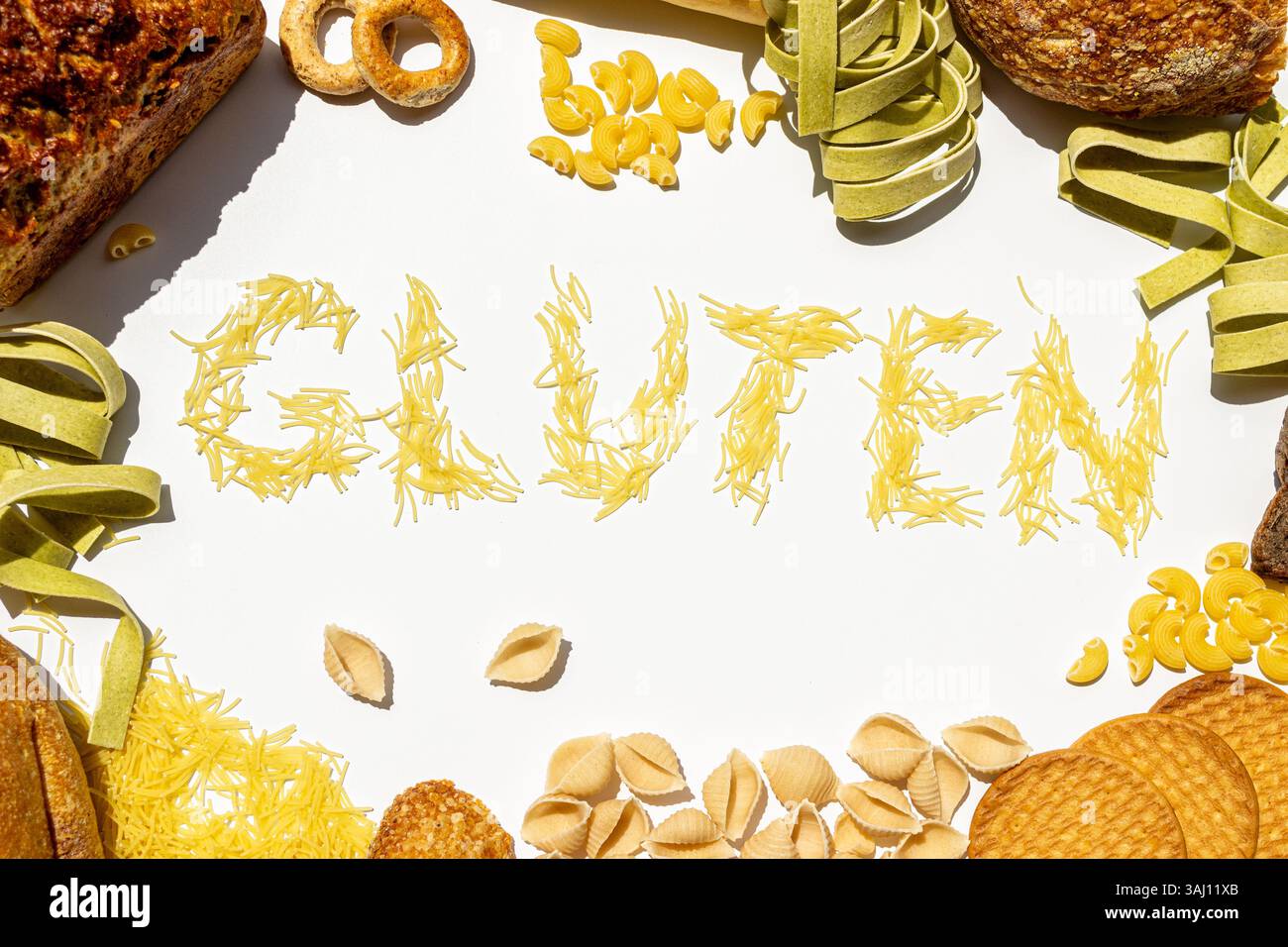 Concetto di glutine con prodotti di frumento e pasta Foto Stock
