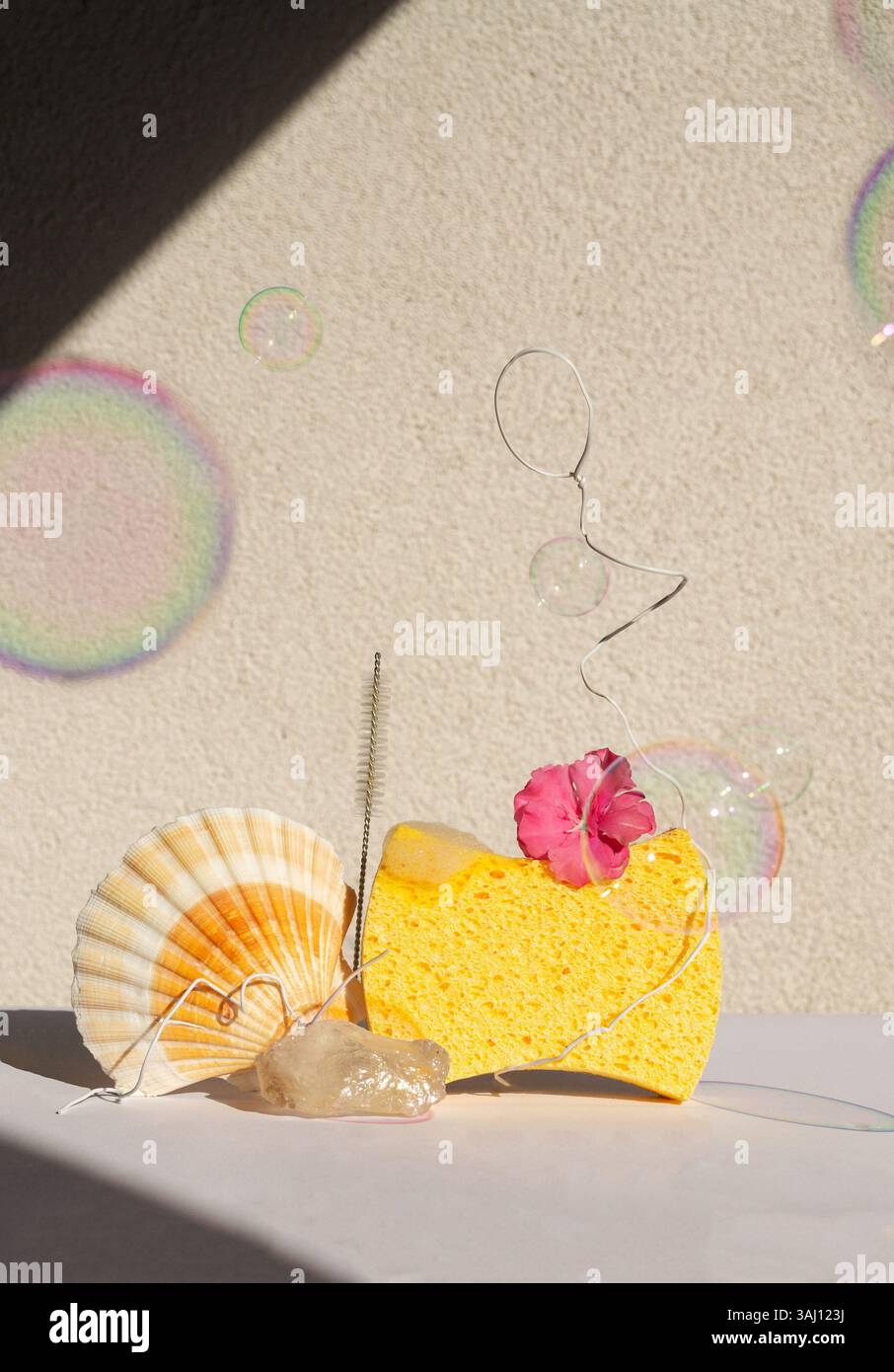 Spugna detergente Eco, guscio e sapone con bolle su sfondo bianco in luce naturale. un concetto sostenibile di pulizia ecocompatibile Foto Stock