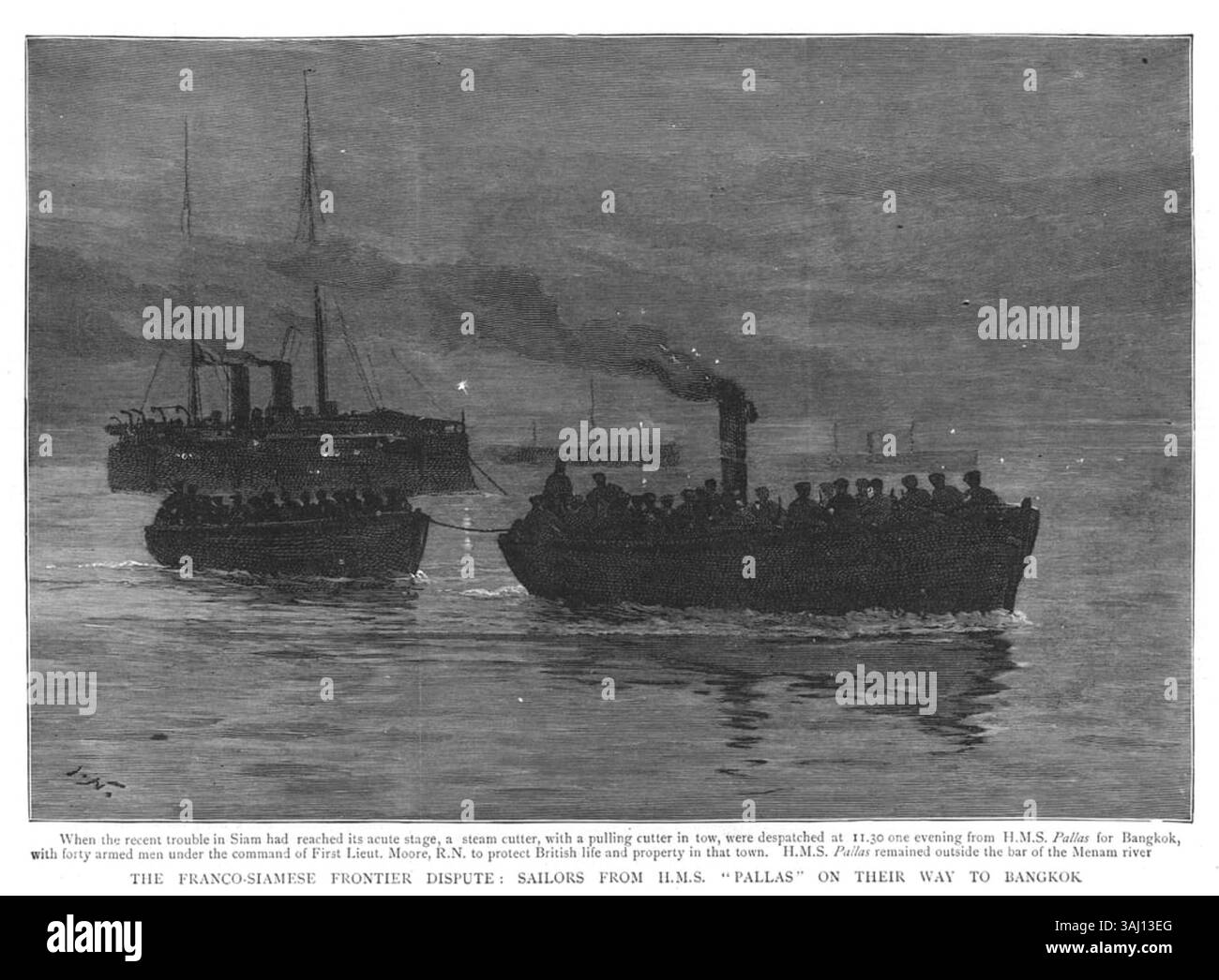 Questa incisione in legno di The Graphic nel 1893 mostra i marinai della HMS "Pallas" in viaggio verso Bangkok durante la disputa franco-siamese sulla frontiera. L'immagine cattura la situazione militare tesa nel sud-est asiatico. Foto Stock