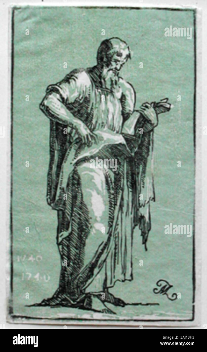 "Una lettura d'apostolo", un'impronta del 1740 di Antonio Maria Zanetti, ritrae un apostolo assorbito dalla lettura di un testo sacro, che enfatizza la devozione religiosa. Foto Stock