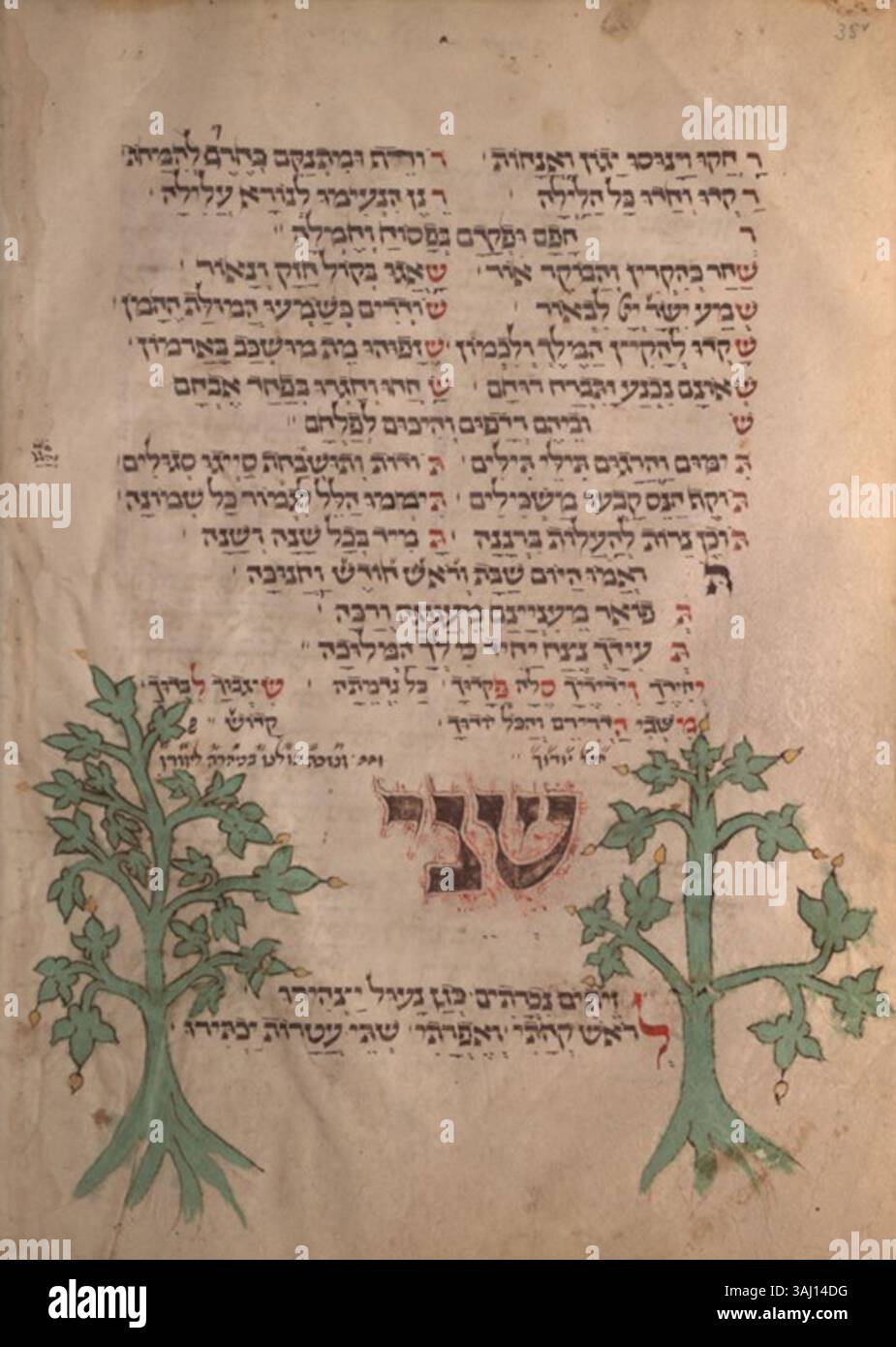 L'immagine "Tress at the End of the Yotzer" dell'Hammelburg Mahzor (1348) raffigura un'illustrazione relativa alla preghiera Yotzer. Questo manoscritto miniato, che misura 305 x 230 mm, è conservato presso l'Università e la Biblioteca di Stato di Darmstadt. Foto Stock
