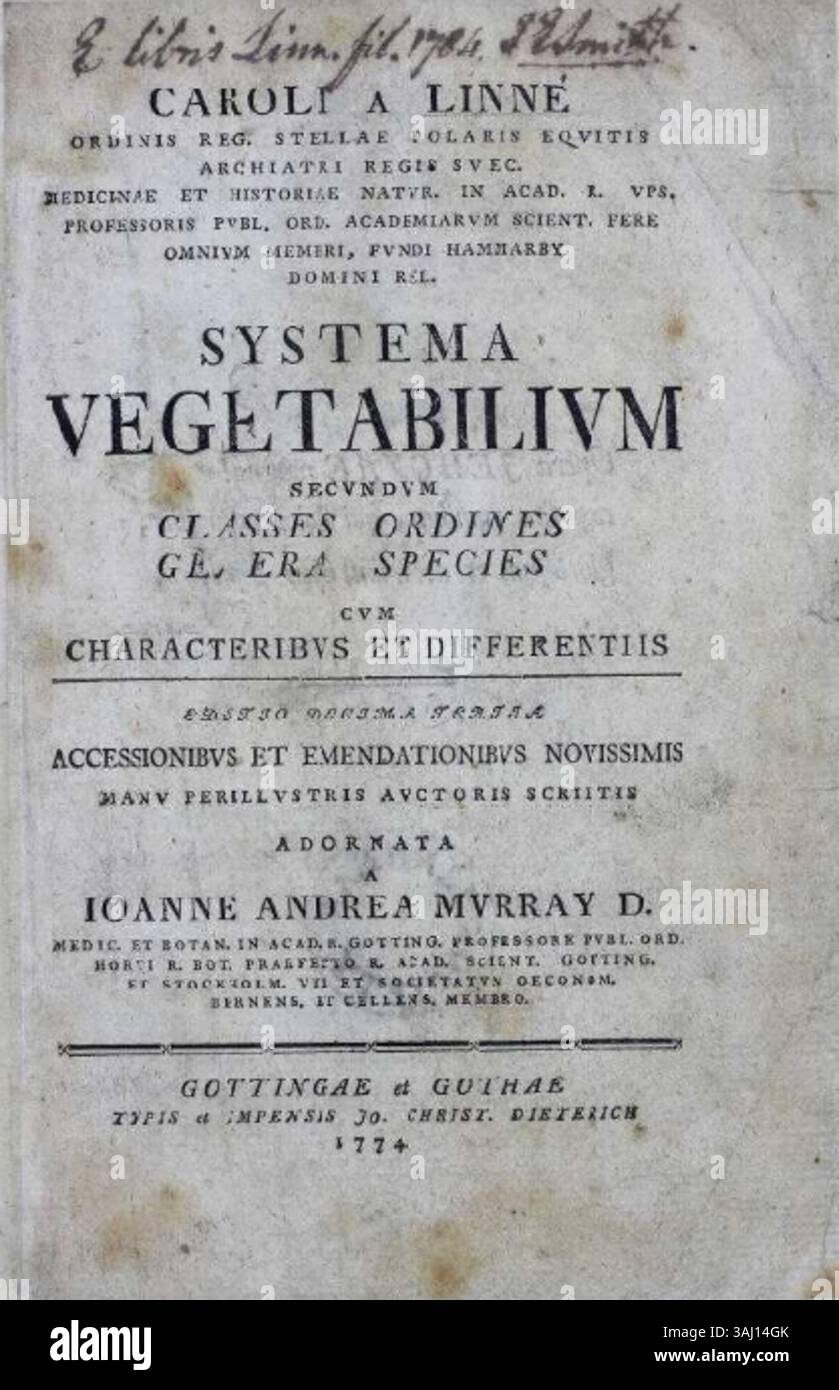Il frontespizio di Carl Linneo 'Systema Vegetabilium' (1774), la tredicesima edizione del suo lavoro botanico, getta le basi per la moderna tassonomia delle specie vegetali. Linneo rivoluzionò la classificazione delle piante. Foto Stock Il frontespizio di Carl Linneo 'Systema Vegetabilium' (1774), la tredicesima edizione del suo lavoro botanico, getta le basi per la moderna tassonomia delle specie vegetali. Linneo rivoluzionò la classificazione delle piante. Foto Stock