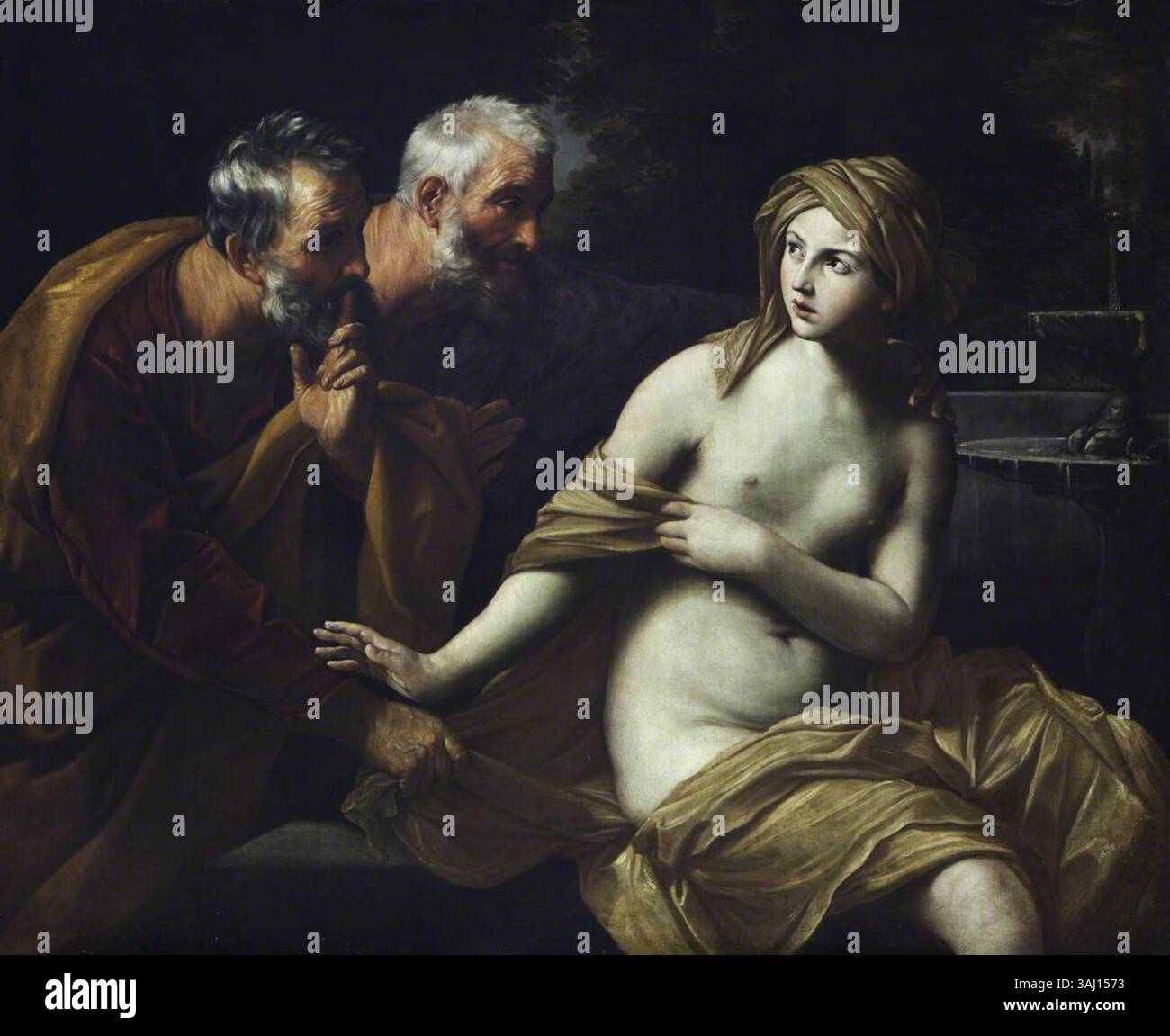Il dipinto "Susannah e gli anziani", creato dopo Guido reni, ritrae la scena biblica in cui Susannah si confronta con gli anziani. Questo olio su tela cattura il momento di tensione e conflitto morale. Foto Stock