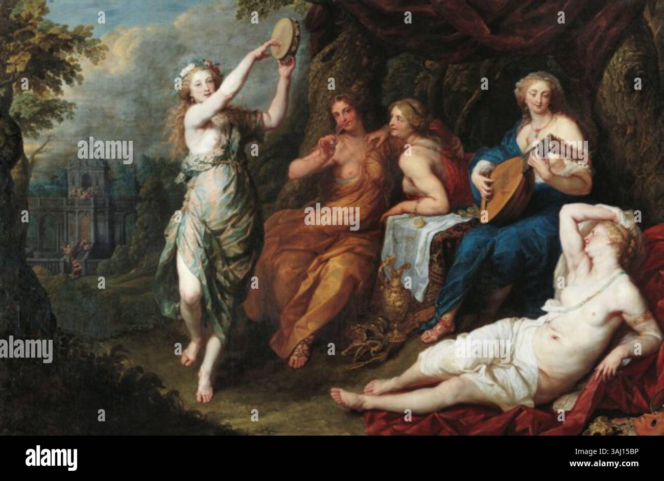 Il dipinto di Jan van den Hoecke, risalente al 1650 circa, "le cinque pazze Vergini", raffigura una parabola religiosa del nuovo Testamento. La scena ritrae cinque vergini che non portano abbastanza olio per le loro lampade, illustrando temi di saggezza e preparazione negli insegnamenti cristiani. Foto Stock