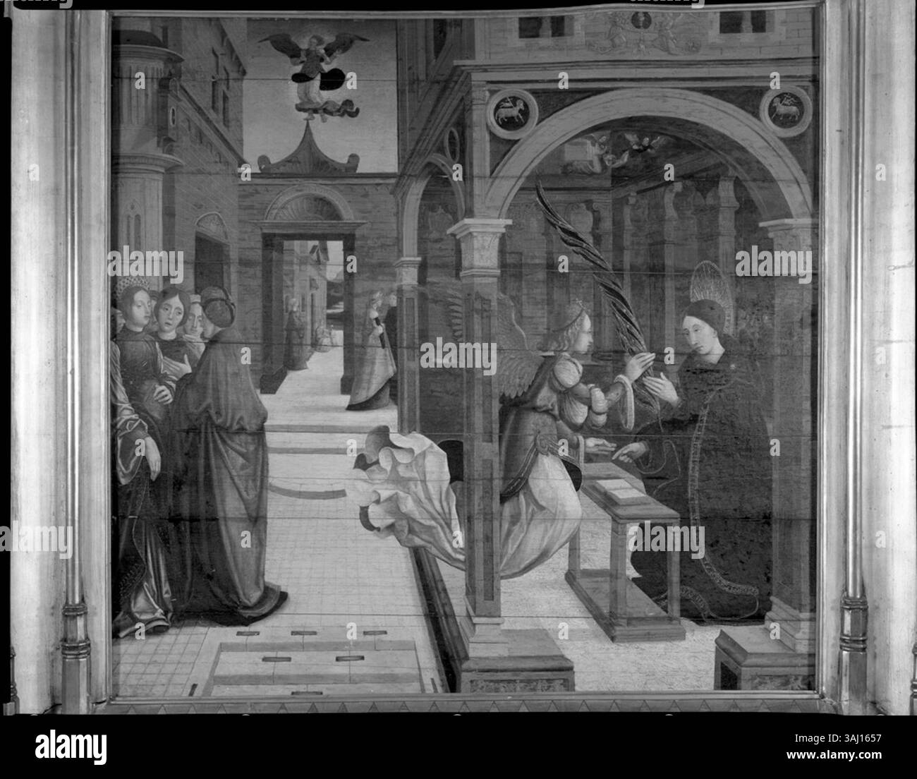 Questo dipinto ad olio, realizzato tra il 1500 e il 1510, raffigura l'Annunciazione alla Madonna della sua prossima morte, una scena religiosa che simboleggia il momento prima della morte di Maria, resa in stile artistico medievale. Foto Stock