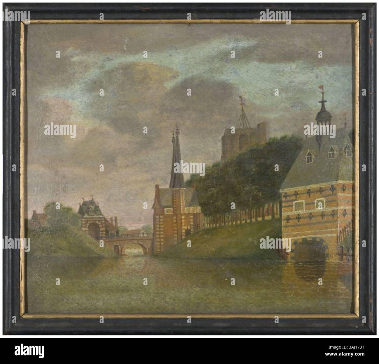 Questo dipinto a olio del 1849 raffigura l'ex lieve Vrouwepoort a Leeuwarden. Offre una vista storica della città, che mostra la pittura urbana olandese del XIX secolo. Foto Stock