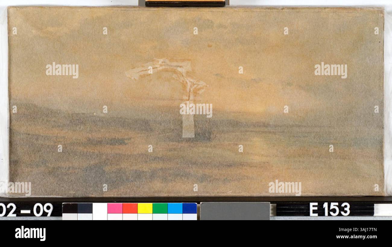 Una scena di spiaggia al tramonto dipinta a olio su tela intorno al 1850 da un anonimo artista olandese, che riflette la tranquilla bellezza della natura al crepuscolo. Il dipinto fa parte della collezione dell'Agenzia per i beni culturali dei Paesi Bassi. Foto Stock