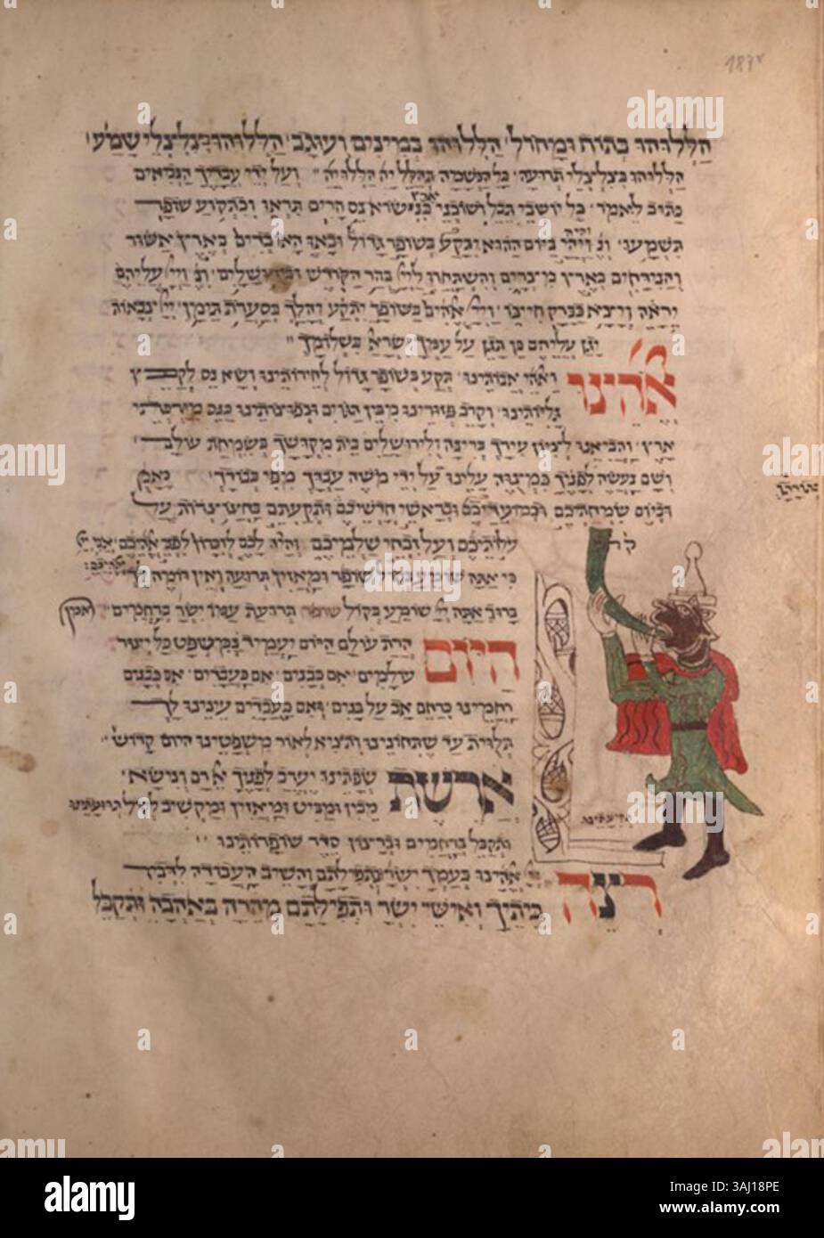 L'illustrazione "Shofar-Blower" dell'Hammelburg Mahzor (1348) raffigura il soffiaggio dello shofar durante i rituali religiosi. Questo manoscritto miniato, fatto di pergamena e misura 305 x 230 mm, è conservato presso l'Università e la Biblioteca di Stato di Darmstadt. Foto Stock
