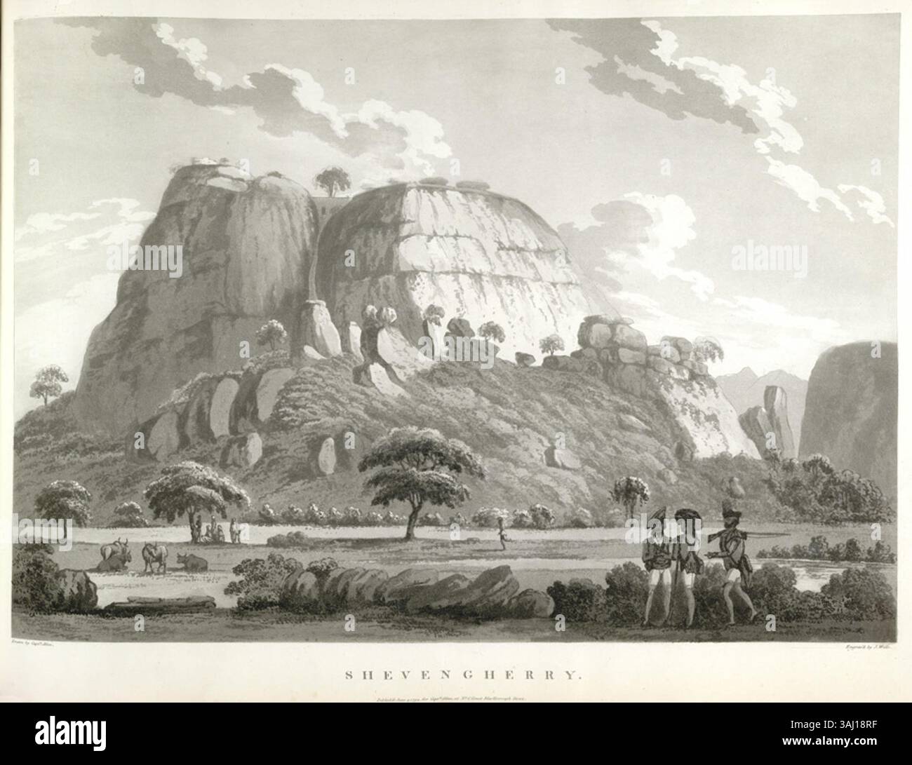 Questa stampa in acquatinta tratta da "Views in the Mysore Country" del capitano Alexander Allan raffigura Shevengherry, un forte collinare quasi inespugnabile catturato dalle forze britanniche nel 1791 durante la terza guerra anglo-mysore. Il forte era strategicamente significativo e la sua caduta rappresentò un punto di svolta nel conflitto tra inglesi e sultano Tipu. Foto Stock