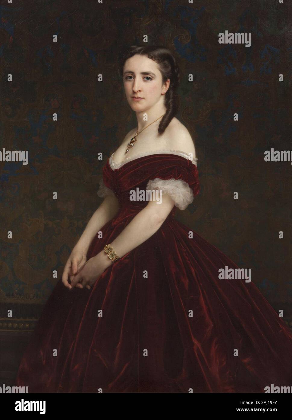 Questo ritratto di William-Adolphe Bouguereau, creato nel 1866, mostra Madame la Vicomtesse de Chabrol, Marie-Jeanne-Léonie Guillaume. L'opera riflette la maestria di Bouguereau nel ritrattismo realistico, catturando l'eleganza e la compostezza del soggetto. Foto Stock