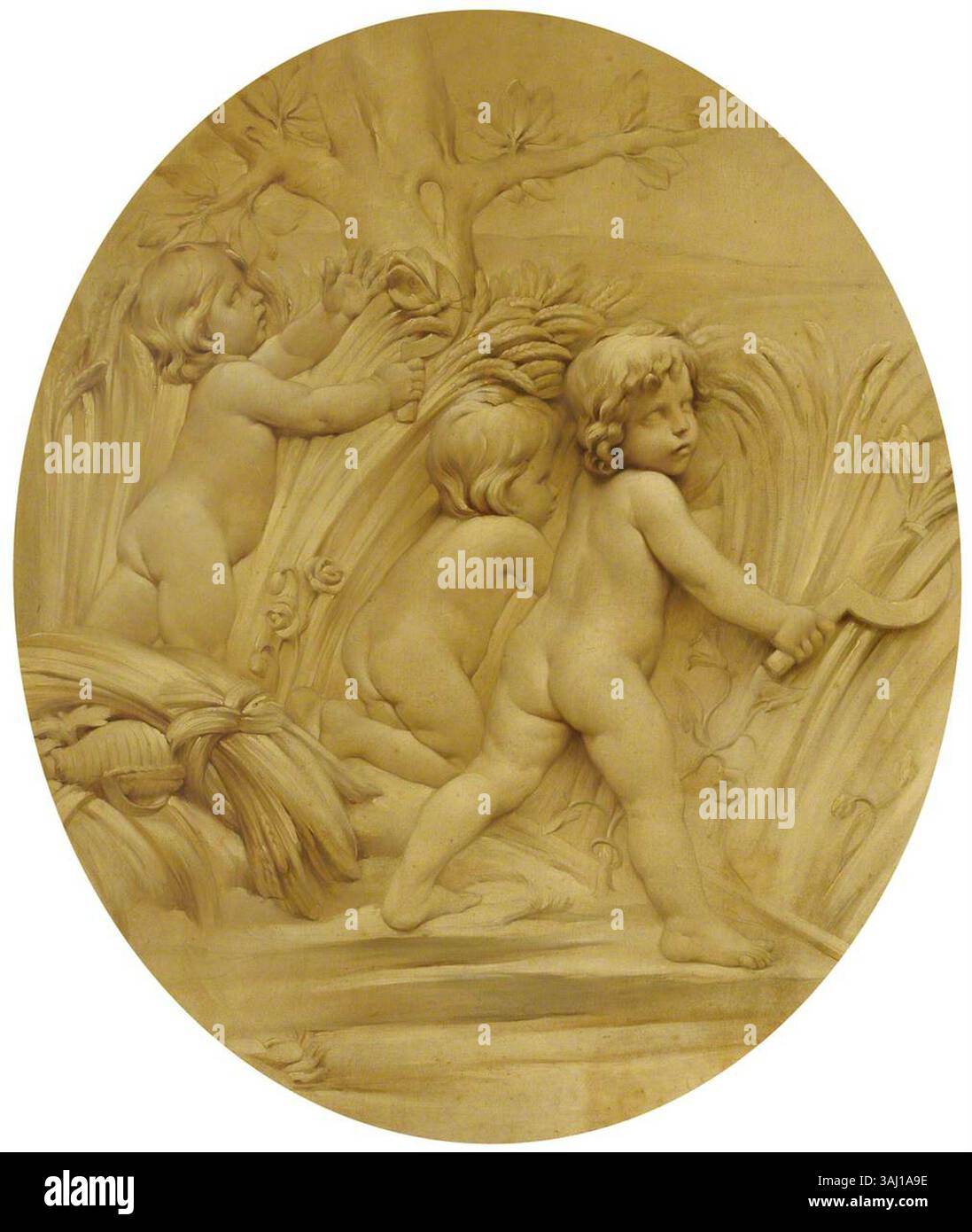 Questa opera d'arte, una rivisitazione di "le quattro stagioni" di Edme Bouchardon, raffigura la stagione estiva con putti che raccolgono raccolti. Il dipinto ad olio fa parte della collezione di arte allegorica del National Trust. Foto Stock