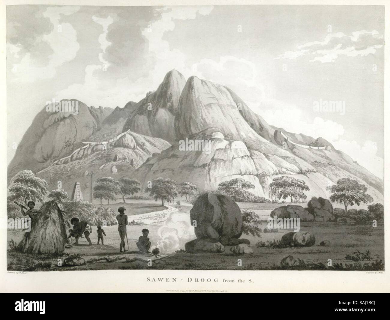 "Sawen-Droog, from the South", parte del "Views in the Mysore Country" del capitano Alexander Allan, mostra il formidabile forte di Sawandurg. Conosciuta per le sue inespugnabili formazioni rocciose, fu assalita con successo dalle forze britanniche nel 1791 durante la terza guerra anglo-mysore, segnando una significativa vittoria militare. Foto Stock