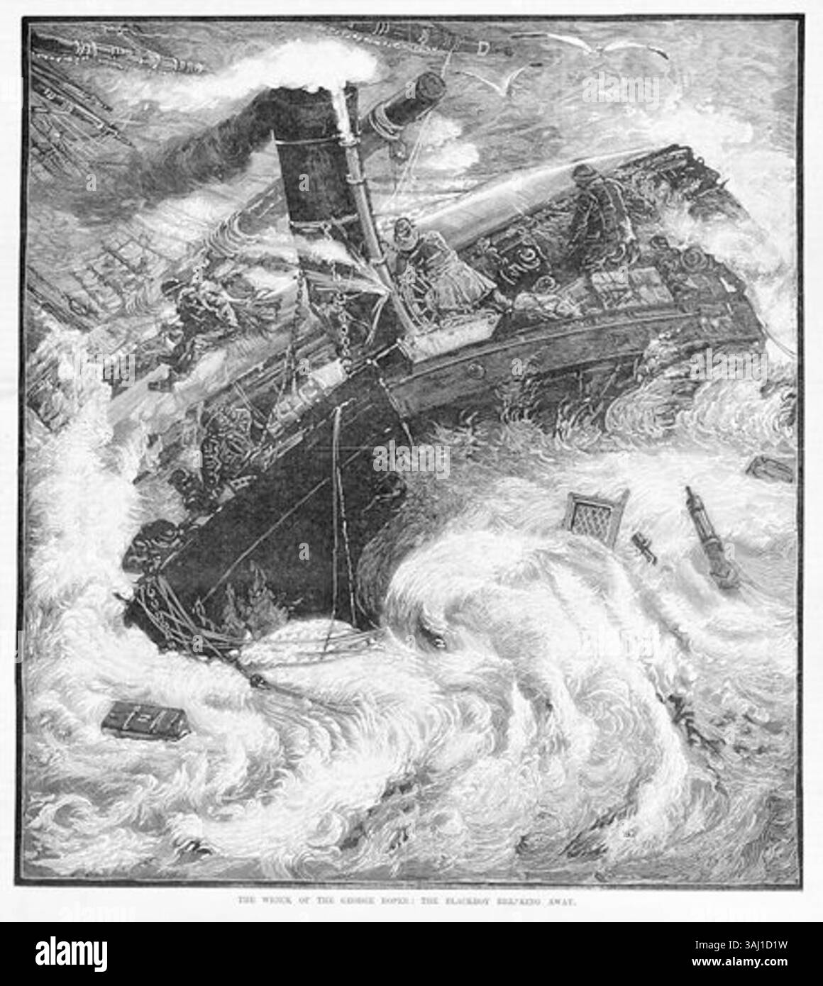 Questa incisione in legno del 1883 di Alfred Martin Ebsworth mostra il relitto del George Roper, con il "Blackboy" in fuga. L'incisione cattura il momento delle conseguenze del naufragio, evidenziando la scena drammatica mentre un'altra nave, il "Blackboy", inizia a liberarsi dal relitto. Foto Stock