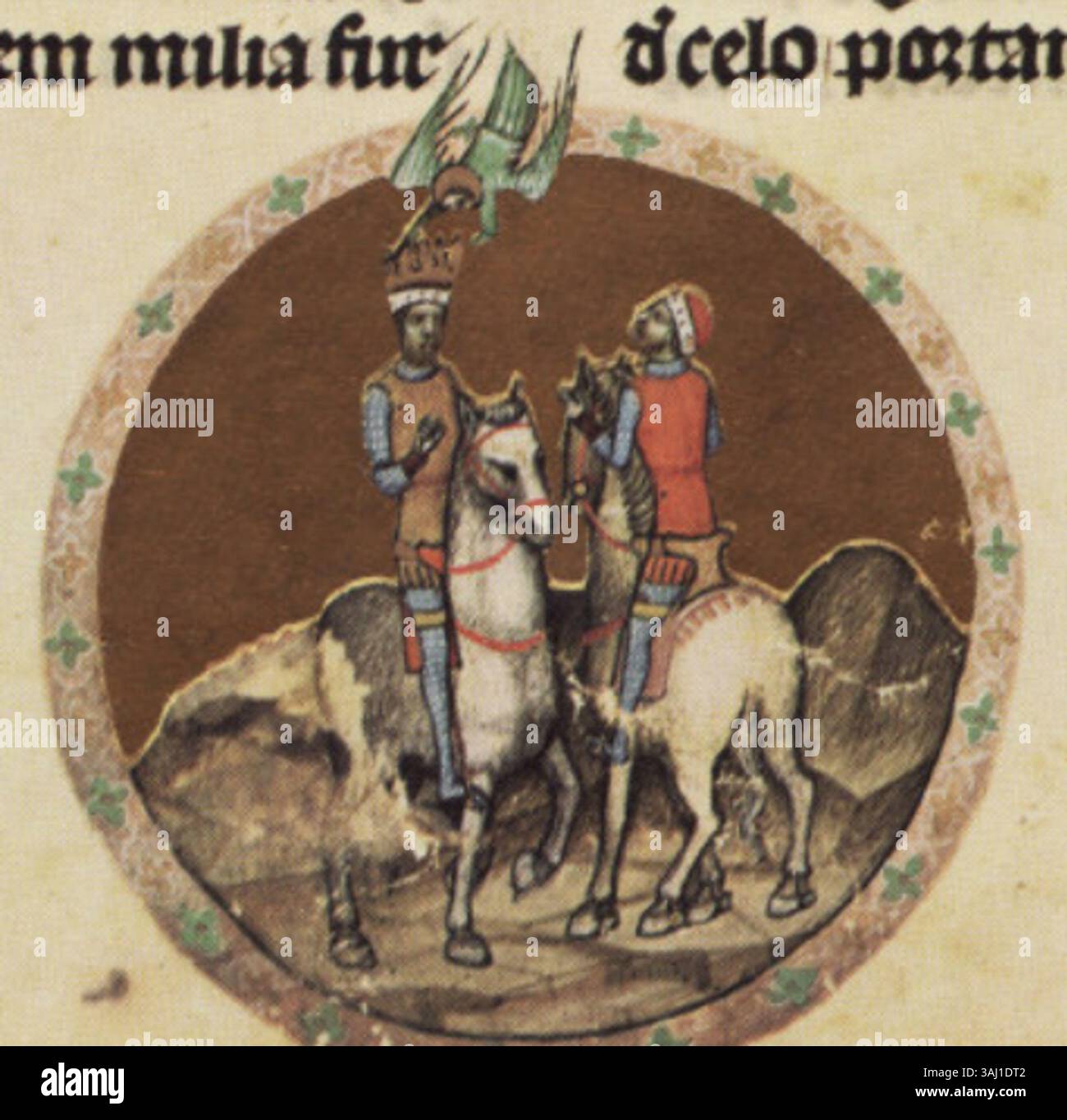 L'illustrazione del Chronicon Pictum del 1360 raffigura la visione del principe László, con il principe Géza su un cavallo bianco che riceve una corona da un angelo discendente, mentre il principe László, anch'esso su un cavallo bianco, guarda con meraviglia il fenomeno celeste. Il testo afferma che solo László vide la visione e disse a Géza, che promise di costruire una chiesa se la visione si fosse avverata. Foto Stock