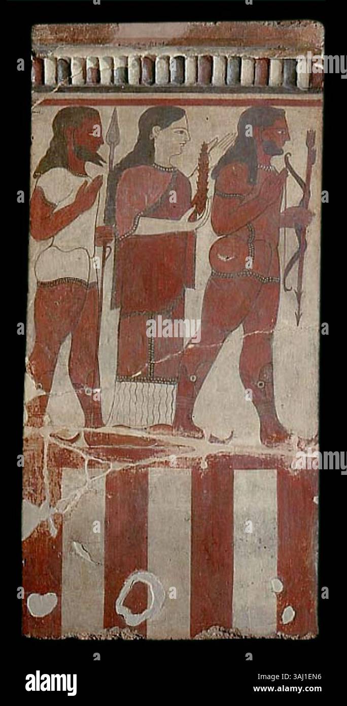 La placca Campana (550-525 a.C.), un manufatto etrusco, è esposta al Louvre. Fa parte di una serie di targhe di Cerveteri, che mostrano l'arte etrusca del vi secolo a.C., riflettendo la cultura e l'artigianato del tempo. Foto Stock