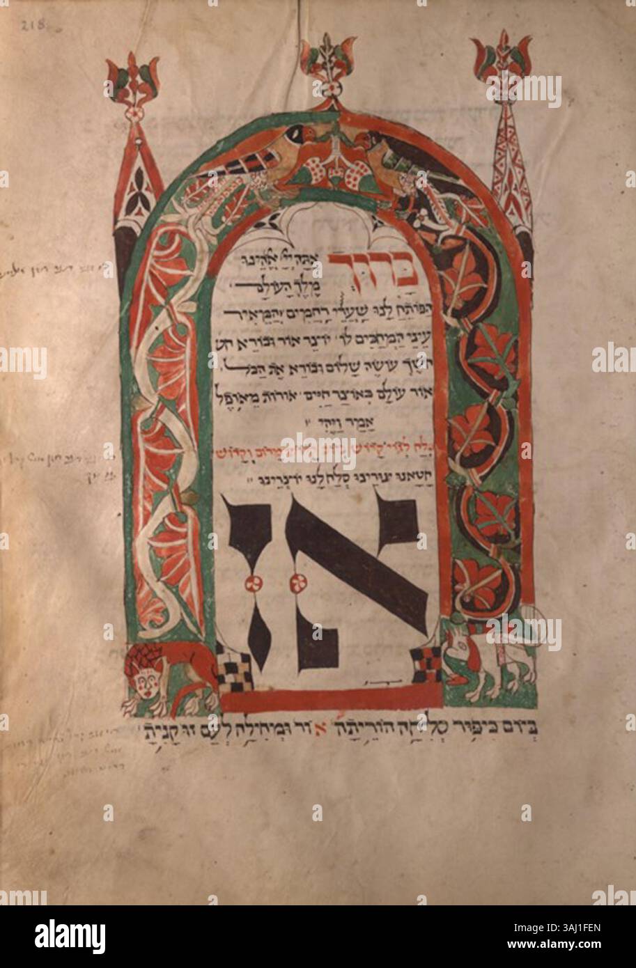 L'illustrazione "Az b'Yom Kippur" nell'Hammelburg Mahzor (1348) rappresenta una scena del servizio dello Yom Kippur. Questo manoscritto, fatto di pergamena e misura 305 x 230 mm, è ospitato presso l'Università e la Biblioteca di Stato di Darmstadt. Foto Stock