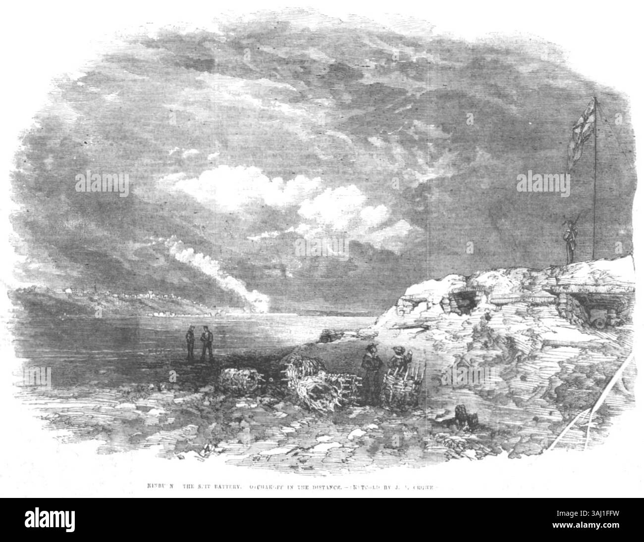 Questa illustrazione del 1855 raffigura la batteria a spirale a Kinburn, con la città di Otchakoff visibile sullo sfondo. È stato creato per The Illustrated London News, mostrando gli impegni militari durante la guerra di Crimea. Foto Stock