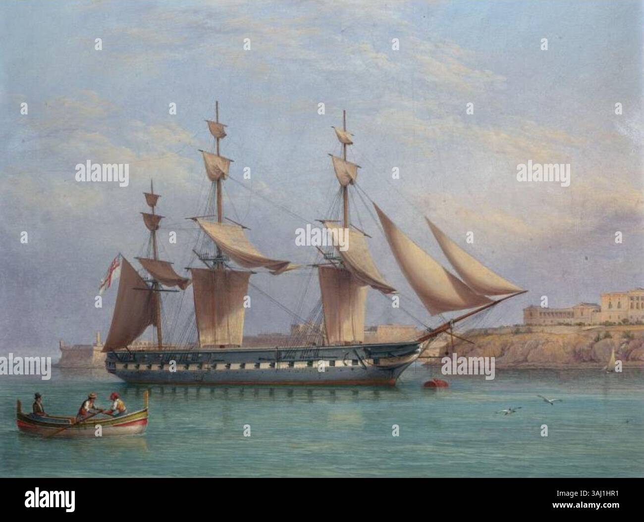 Il dipinto del XIX secolo di Joseph Schranz raffigura la H.M.S. Arethusa che entra nel porto di Valletta. La scena ritrae la nave, enfatizzando il design della nave e il suo significato storico durante l'inizio del XIX secolo. Foto Stock Il dipinto del XIX secolo di Joseph Schranz raffigura la H.M.S. Arethusa che entra nel porto di Valletta. La scena ritrae la nave, enfatizzando il design della nave e il suo significato storico durante l'inizio del XIX secolo. Foto Stock