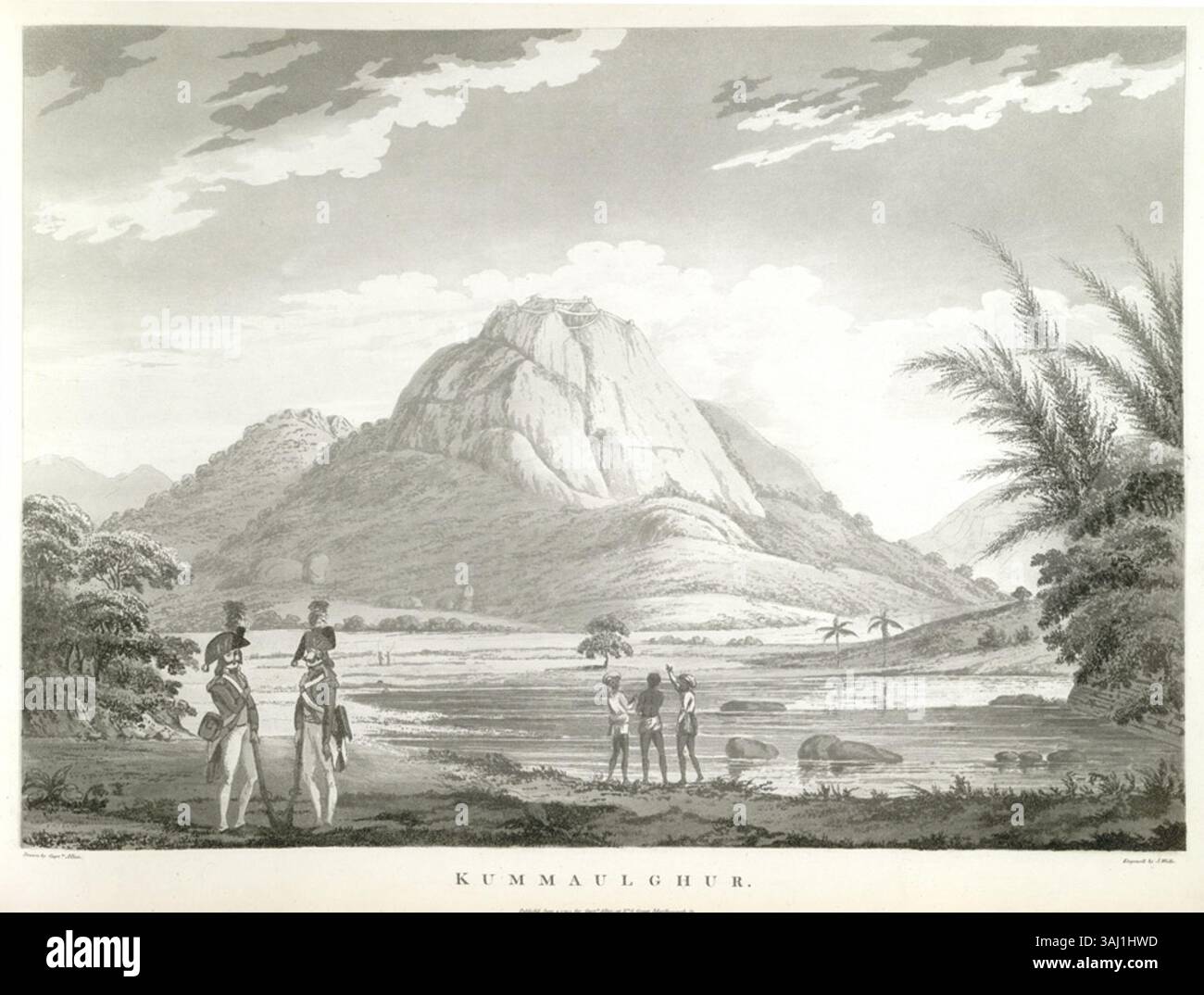 Questa acquatina del Capitano Alexander Allan 'Views in the Mysore Country' raffigura Kummaulghur, un forte collinare vicino a Kalavara Betta nel Karnataka. Il forte, che si arrese alle forze britanniche nel 1791, fece parte della terza guerra anglo-mysore. L'impronta mostra le mura fatiscenti del forte, un ricordo della sua importanza strategica durante il conflitto. Foto Stock