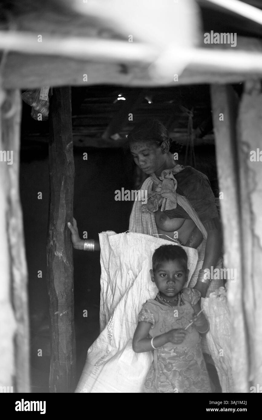30 dicembre 2011 - , India - Tribal Woman at House. Chhattisgarh: La terra ricca dei poveri - una domanda appropriata per gli economisti: Nei 68 anni di indipendenza dell'India, perché una terra ricca di minerali come Chhattisgarh è ancora la casa dei più poveri in India? Le regioni settentrionali di Korba, Raigarh e Surguja hanno circa il 18% delle riserve di carbone del paese. Nella sua regione meridionale Bastar (inclusa Dantewada) ci sono almeno il 20% delle riserve di minerale di ferro del paese. In parti del distretto di Raipur che confinano con Orissa hanno scoperto depositi di diamanti. Ma proprio in questa regione, Foto Stock