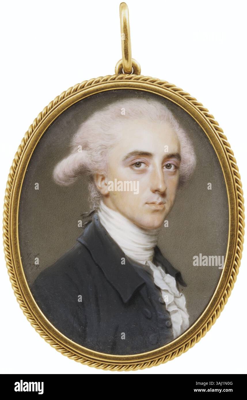 In questo ritratto del 1779 di John Smart, un gentiluomo è raffigurato in acquerello e bodycolor in avorio, incorniciato in oro. Il pezzo è firmato con il monogramma dell'artista. Foto Stock In questo ritratto del 1779 di John Smart, un gentiluomo è raffigurato in acquerello e bodycolor in avorio, incorniciato in oro. Il pezzo è firmato con il monogramma dell'artista. Foto Stock