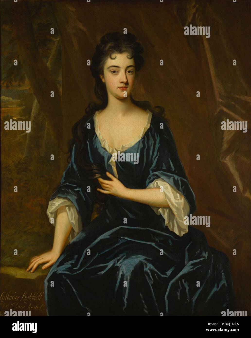 Ritratto di Catherine Knatchbull, Lady Rooke, dipinto da Godfrey Kneller, che la mostra in un vestito blu. Sposò l'ammiraglio Sir George Rooke, famoso per le sue vittorie navali. Foto Stock
