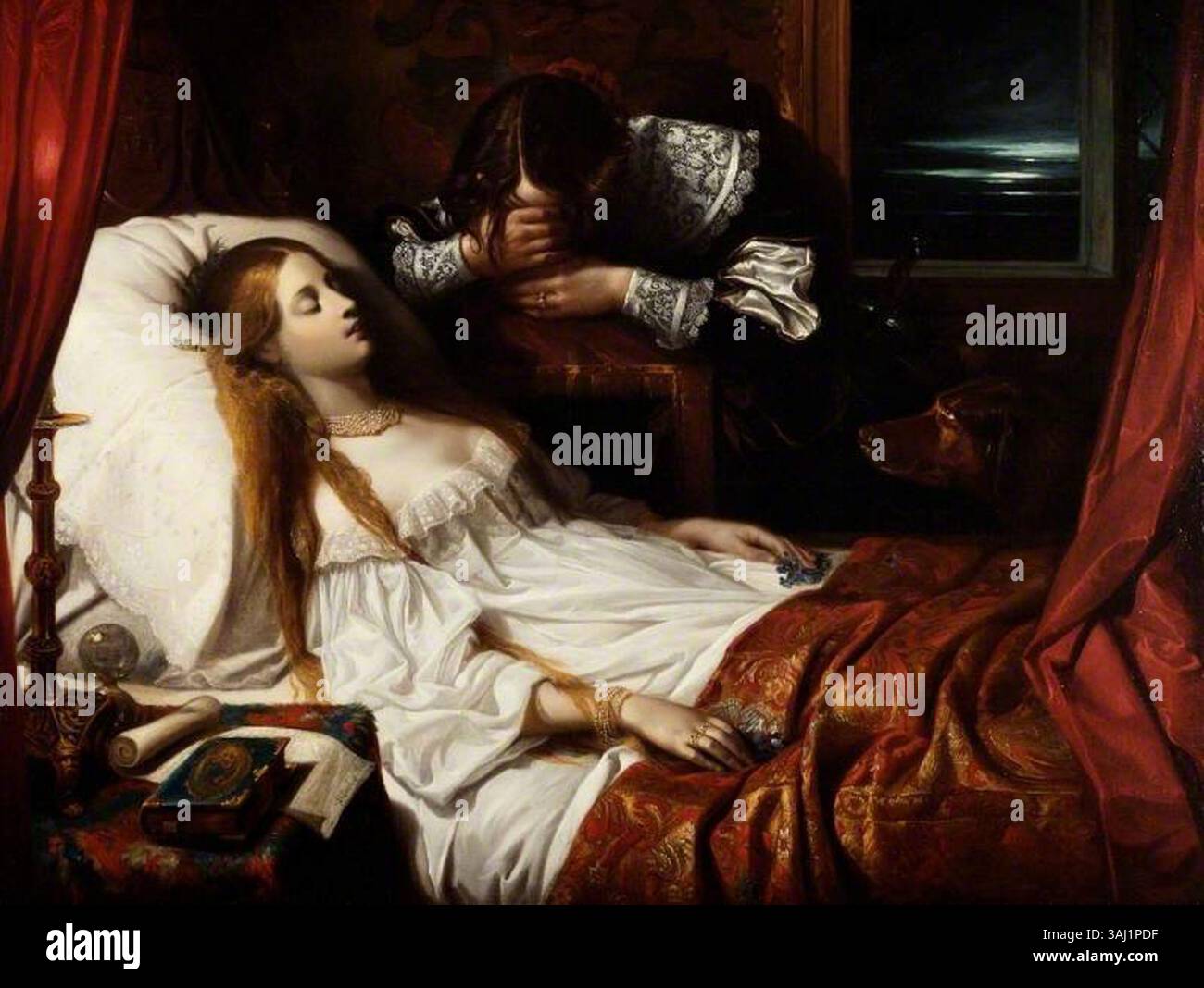 Il dipinto del 1839 di Thomas Jones Barker *la sposa della morte* esplora temi della vita e della mortalità, mescolando testo e immagini visive. Esposto alla Victoria Art Gallery, l'olio su tela è un'opera significativa dell'arte britannica del XIX secolo. Foto Stock