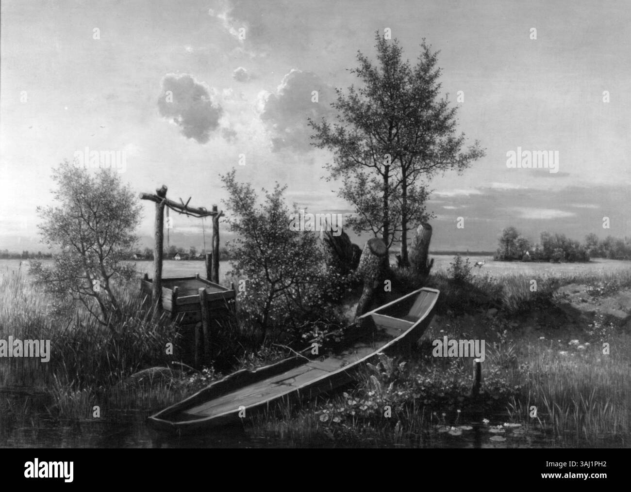 Il dipinto ad olio di Eduard Leonhardi del XIX secolo "Am Weiher" (allo stagno), ambientato nella regione di Spreewald, è ospitato nello Stadtmuseum Dresda. Foto Stock