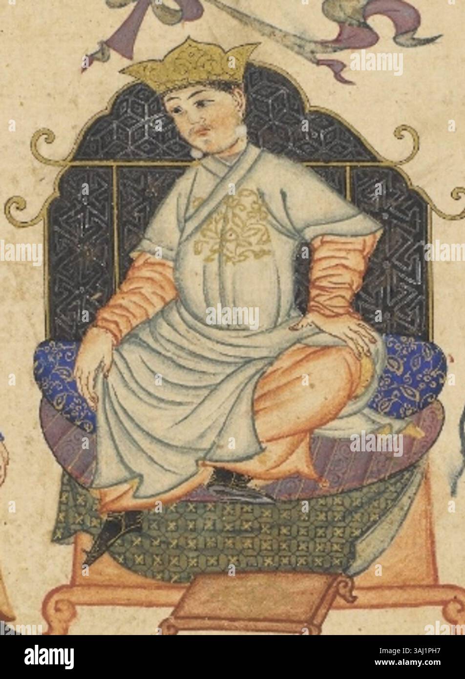 Illustrazione in miniatura raffigurante l'incoronazione di Barkiyaruq dal manoscritto "Jami" al-Tawarikh" di Rashid al-DIN Hamadani, creato intorno al 1315. Il manoscritto fa parte della collezione della Biblioteca dell'Università di Edimburgo. Foto Stock