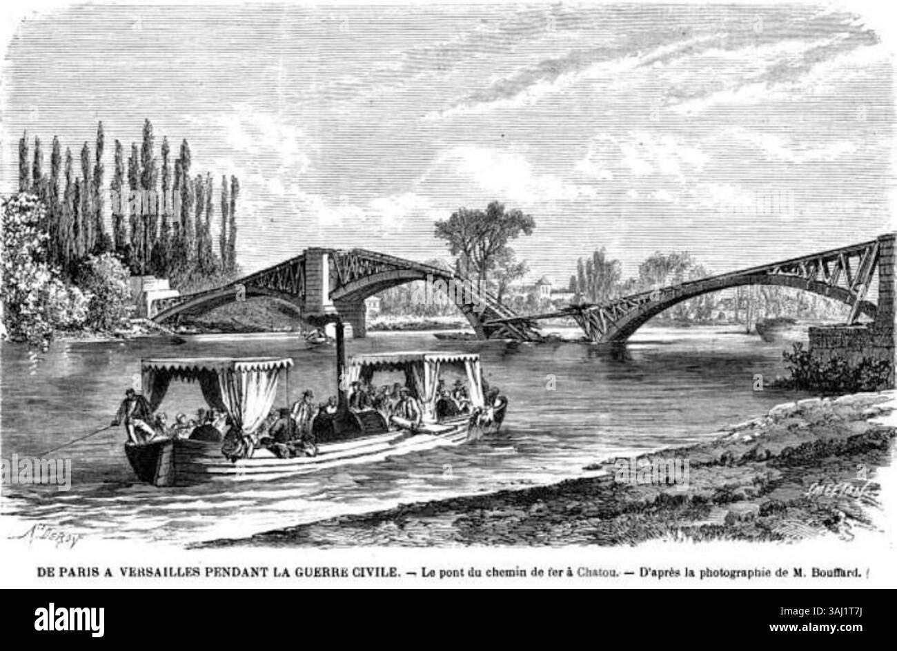 Questa incisione del 1871, di Auguste Victor Deroy dopo la fotografia di Bouffard, mostra il ponte ferroviario di Chatou dopo la sua distruzione nel 1870, pubblicato su l'Illustration. Foto Stock