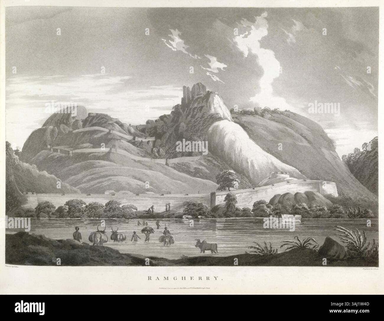 "Ramgherry", un'impronta tratta da "Views in the Mysore Country" del capitano Alexander Allan, raffigura l'importanza strategica del forte Ramgherry a Karnataka durante la terza guerra anglo-mysore. La stampa evidenzia la posizione del forte su una collina, mostrando la sua posizione critica lungo il percorso tra Bangalore e Srirangapatna, fondamentale durante le campagne militari britanniche nel 1791. Foto Stock