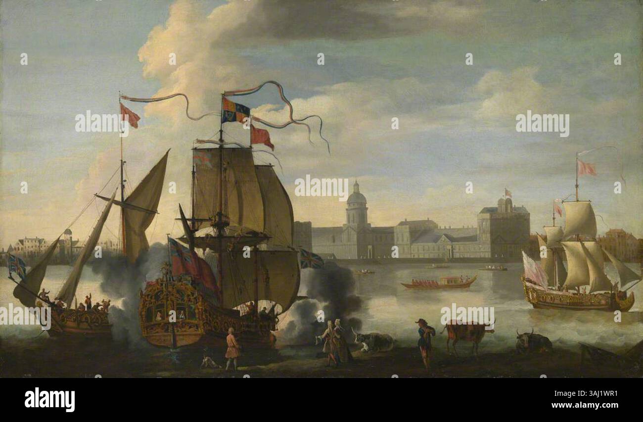 Questo dipinto del XVIII secolo raffigura uno yacht reale a Greenwich, che mostra la storia navale britannica e la grandiosità delle navi marittime reali. Foto Stock