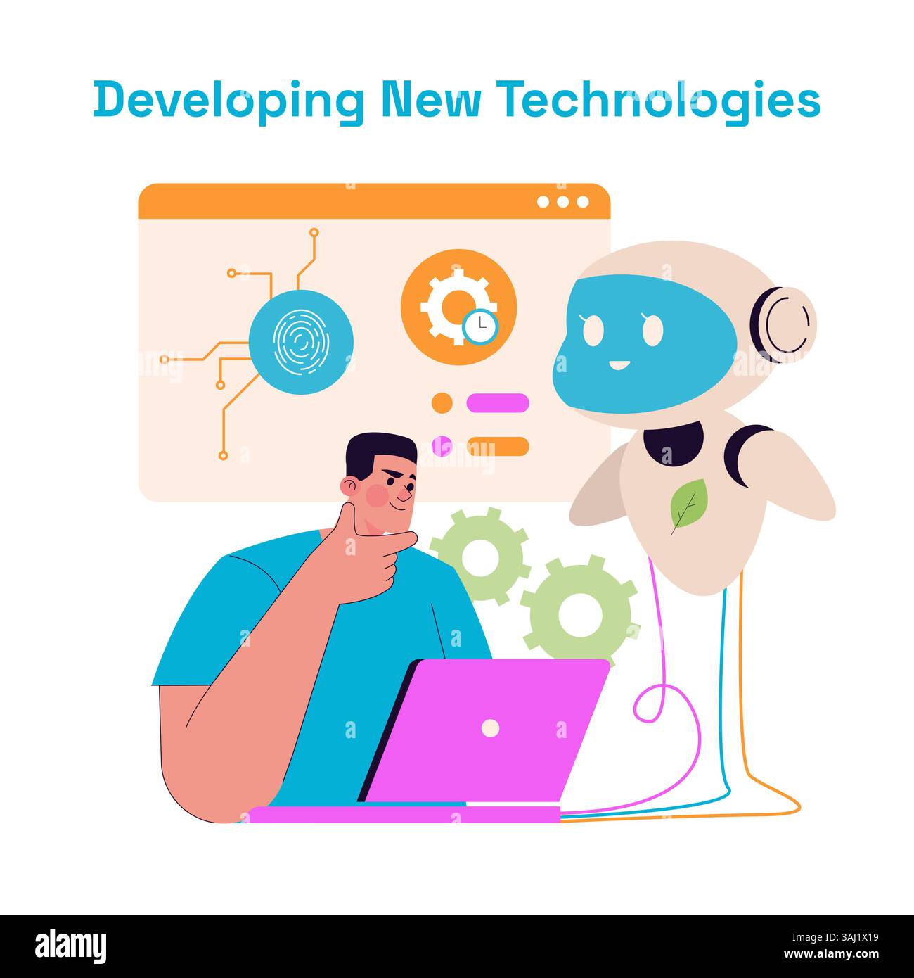 Lo sviluppo tecnologico innovativo in un ambiente moderno è rappresentato da una persona che contempla le idee mentre interagisce con un robot e un'interfaccia digitale. Collaborazione tra esseri umani e macchine. Illustrazione Vettoriale